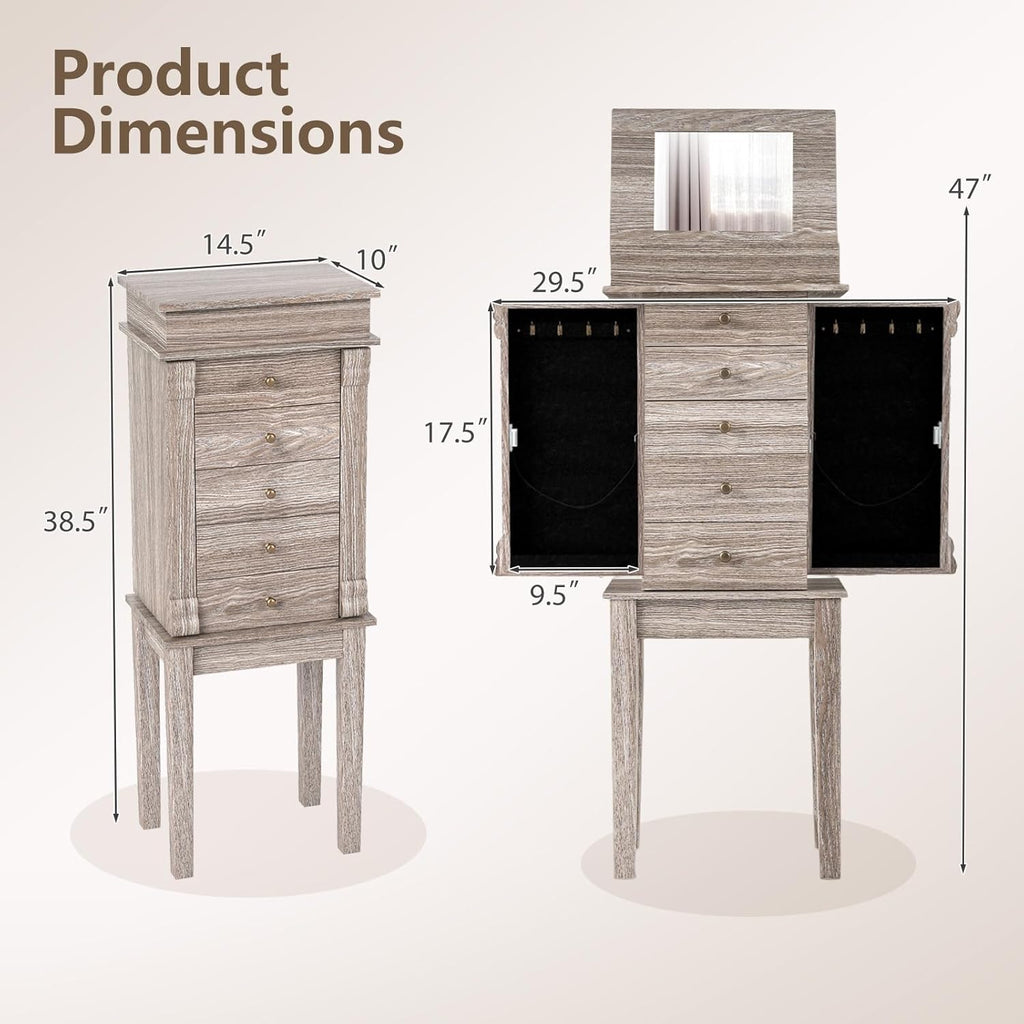 Giantex Jewelry Cabinet Armoire with Flip Top Mirror, 5 Drawers & Swing Doors, Space-Saving Jewelry Organizer for Necklaces, Rings, Bracelets, Watches, Velvet Lined, Light Gray Oak