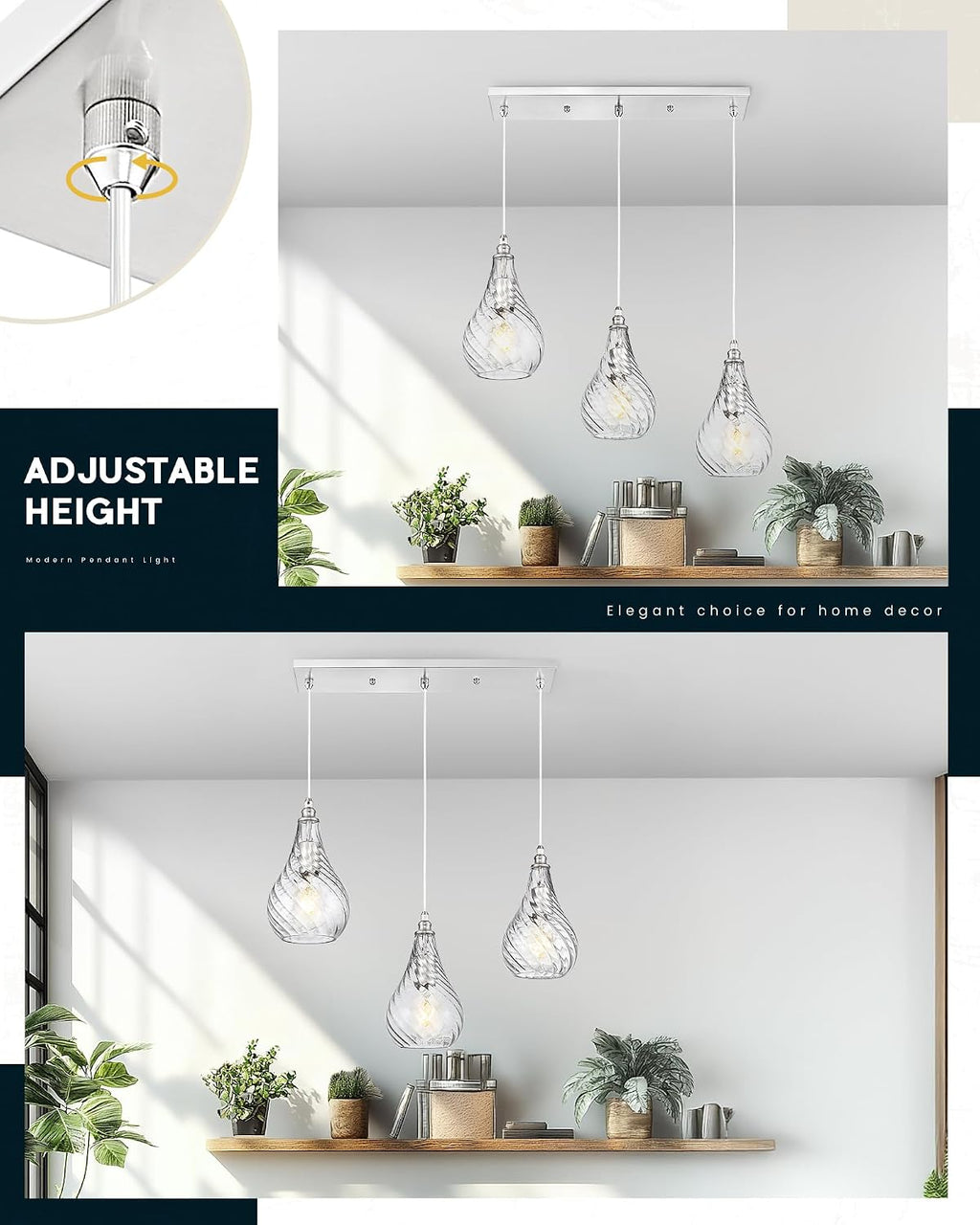 TENGXIN 3-Light Pendant Lights for Kitchen Islands - 6 Inch Brushed Nickel with Striped Glass. Farmhouse Style, Ideal for Dining Rooms and Bedrooms, Model TXPLBN12-3.