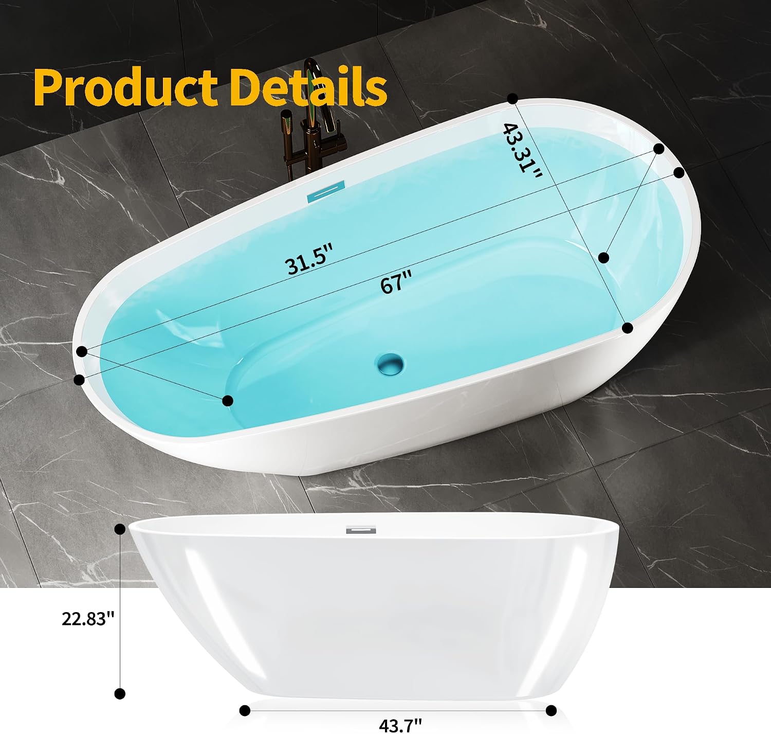 Acrylic Freestanding Bathtub, 67 Inch Deep Soaking Tub, One End Raised, White Interior Black Exterior, Chrome Pop-Up Drain, Overflow, Modern Acrylic Stand Alone Tub for Home, Bathroom