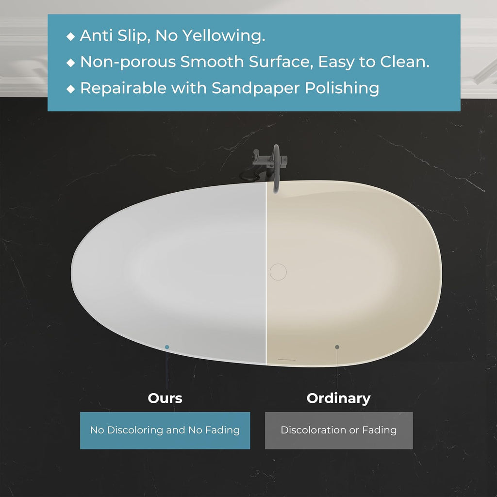 Premium 67'' Solid Surface Freestanding Bathtub, Upgraded Oval Shape Stone Resin Soaking Tub with Drain and Overflow, Matte White