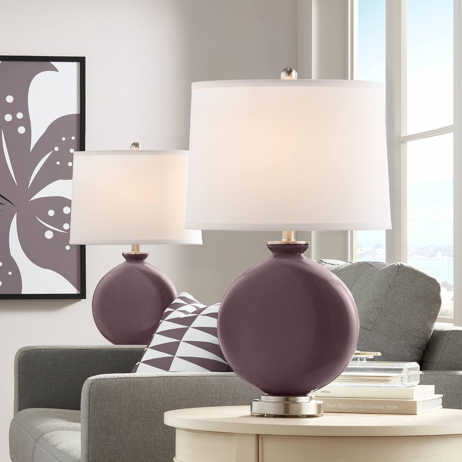 Color + Plus Carrie 26 1/2' Tall Round Modern Table Lamps Set of 2 Poetry Plum Purple Finish Glass Fabric White Shade Living Room Bedroom Bedside Nightstand House Office Family Reading Kitchen