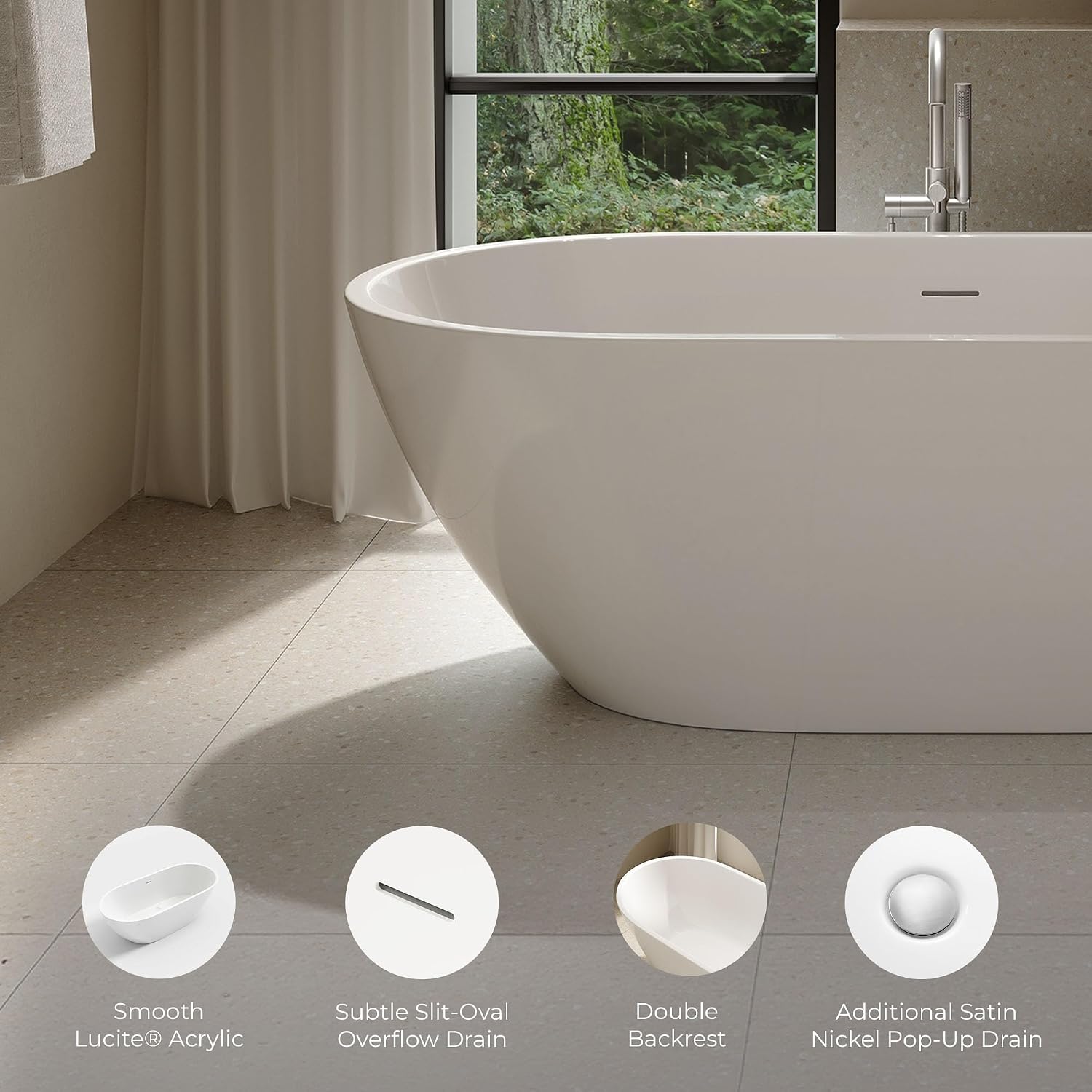 OVE Decors Ayago 66 in. Solid Surface Freestanding White Acrylic Soaking Bathtub, with Overflow and Satin Nickel Pop-up Drain