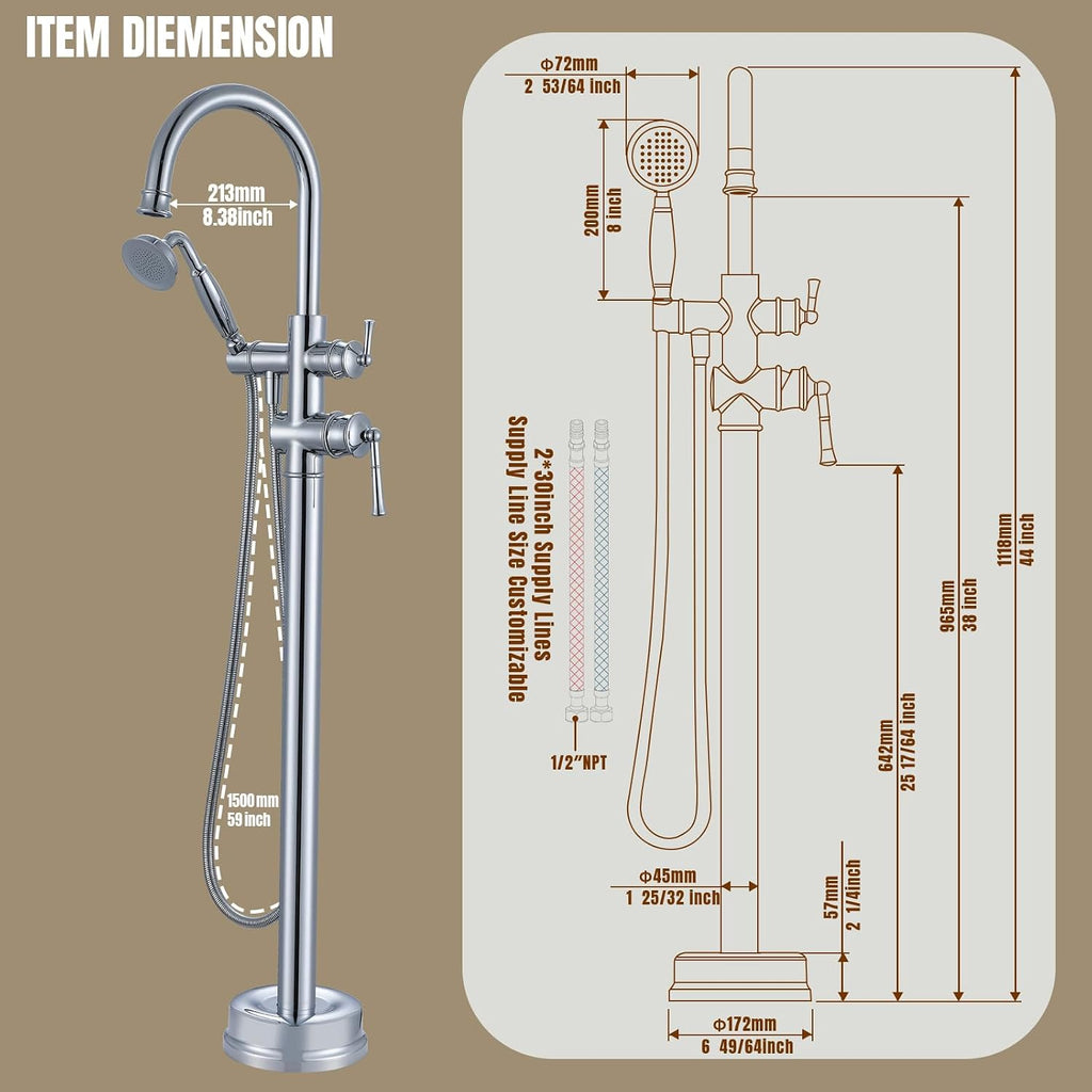 Free Standing Tub Faucet, Antique, Polished Chrome (B2311-CP) | H59-1 Premium Solid Brass, High Flow 6.6 GPM, Elegant & Vintage Styling