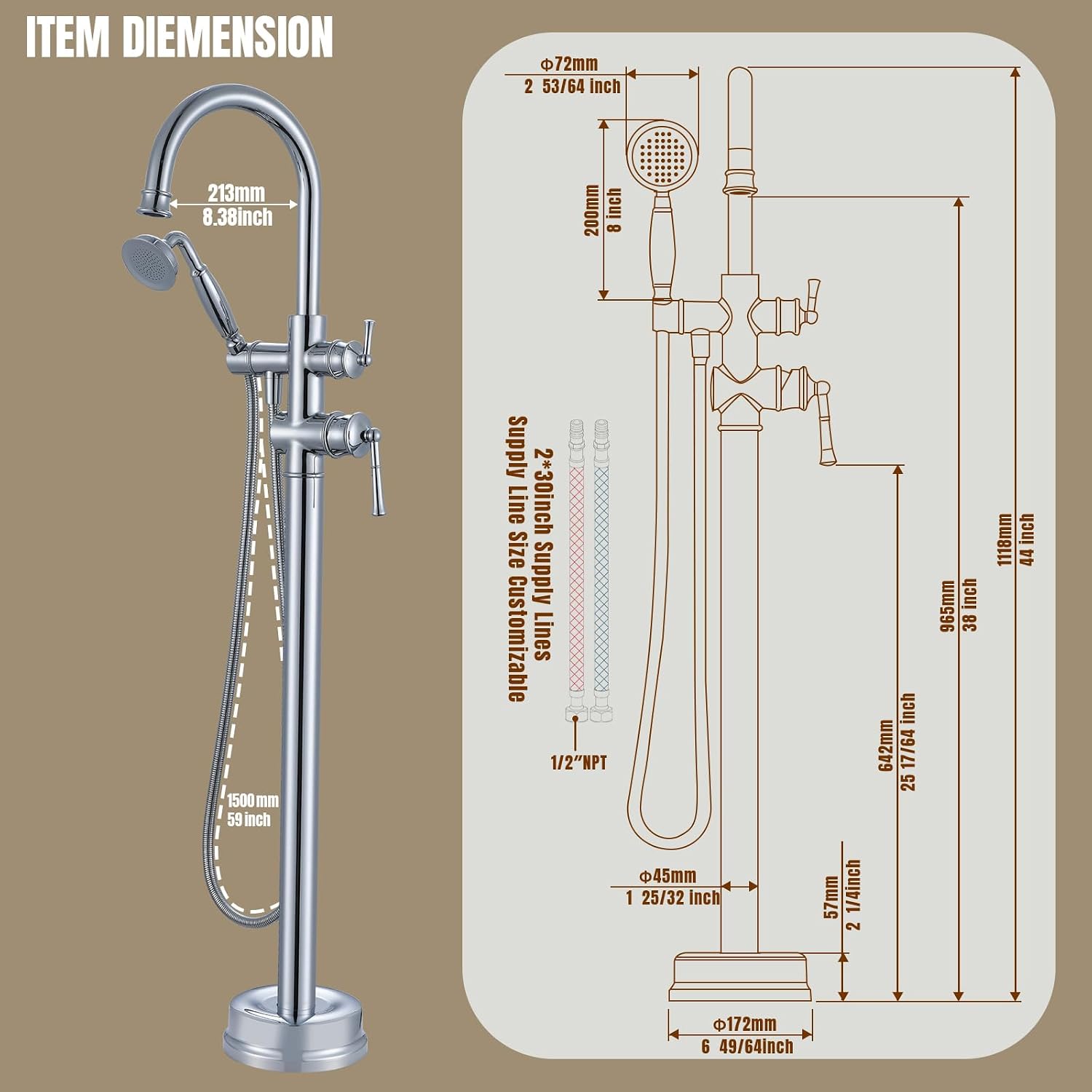 Free Standing Tub Faucet, Antique, Polished Chrome (B2311-CP) | H59-1 Premium Solid Brass, High Flow 6.6 GPM, Elegant & Vintage Styling