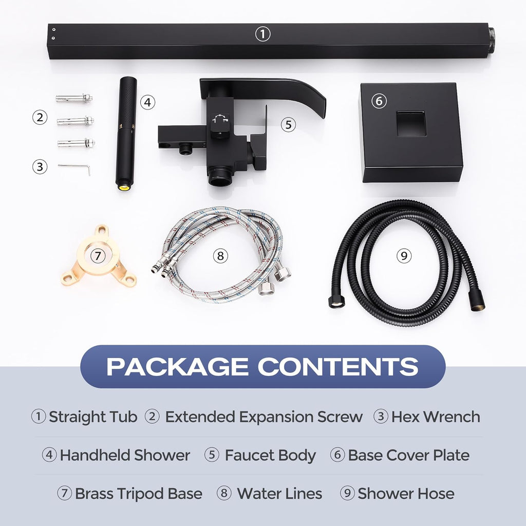 Waterfall Freestanding Bathtub Faucet, Floor Mount Bathroom Tub Filler Shower Faucets with Handheld Sprayer, Matte Black