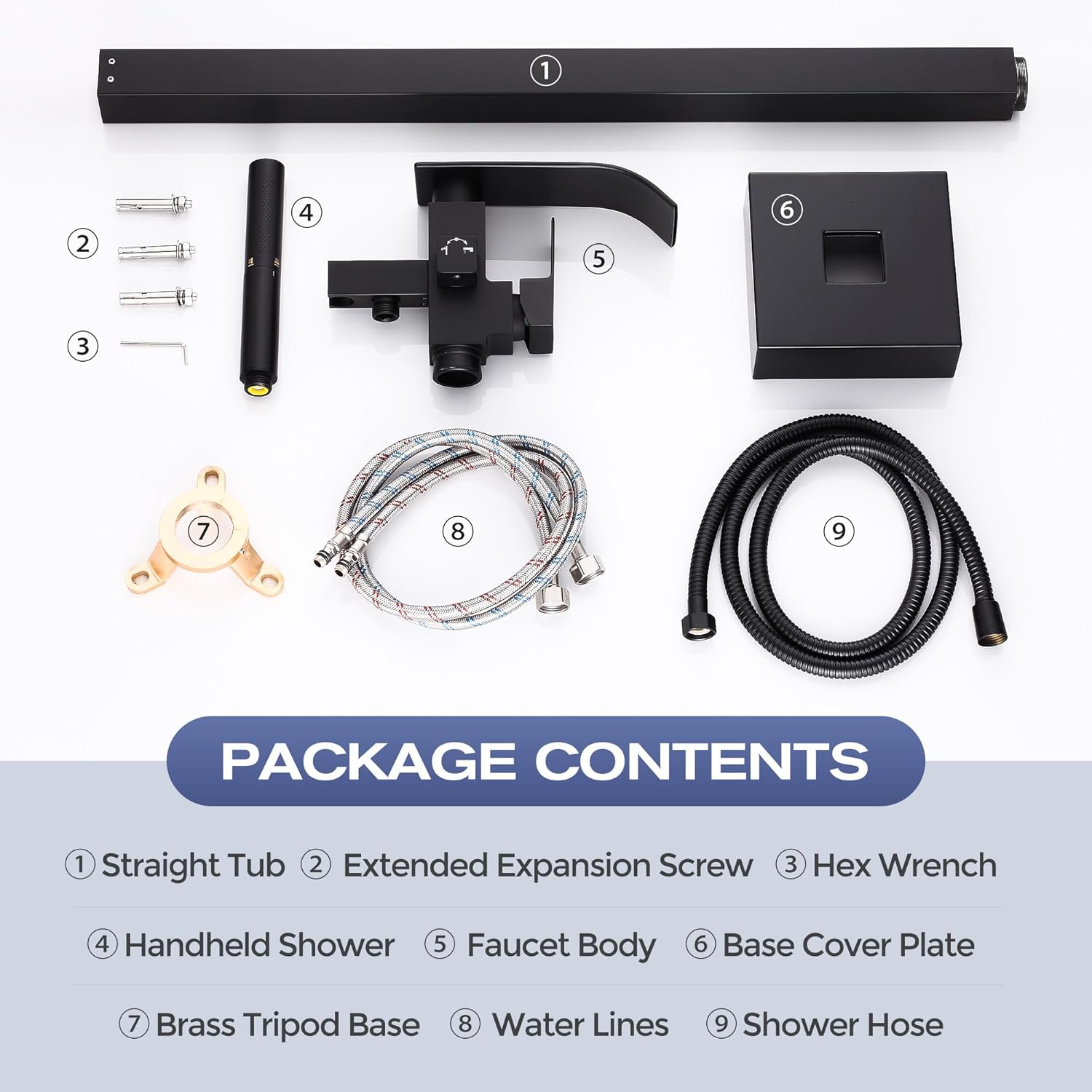 Waterfall Freestanding Bathtub Faucet, Floor Mount Bathroom Tub Filler Shower Faucets with Handheld Sprayer, Matte Black