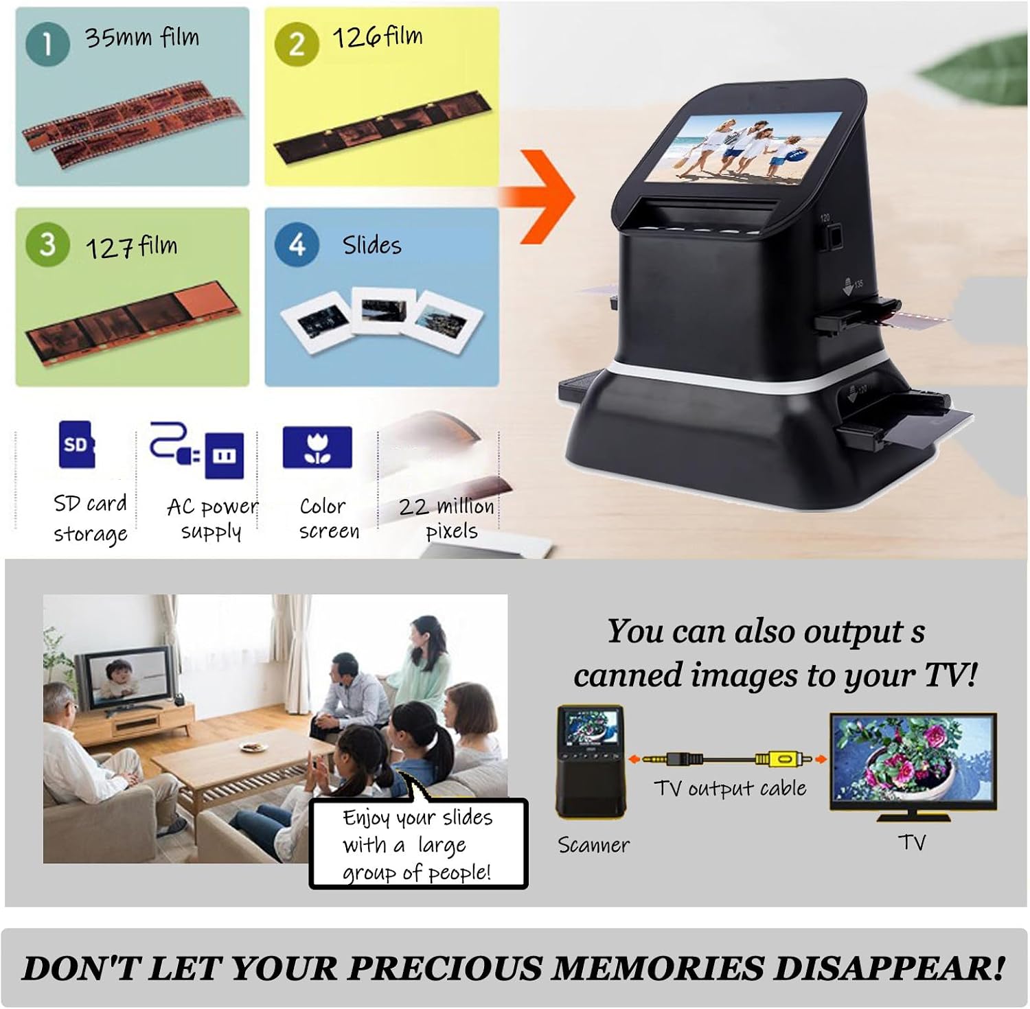 High Resolution 120 Film Scanner 22 Mega Pixels Slide Negative Photo Scanner Digital 35mm 135 126KPK Film Converter 4.3' LCD