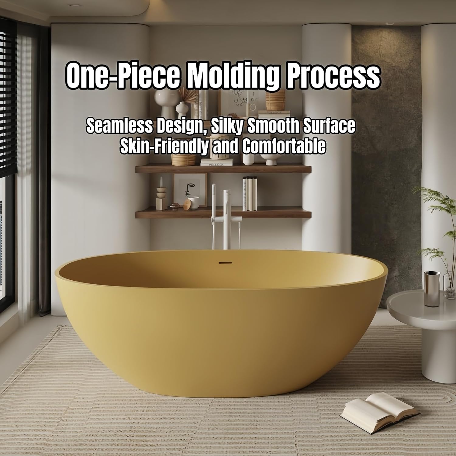 68' Edeyeu Freestanding Bathtub - Oval Deep Soaking Tub with Engineered Stone Build, Ergonomic Backrest and Heat-Retaining Layers, Luxury Solid Surface Bathtub for Modern Bathrooms Orange