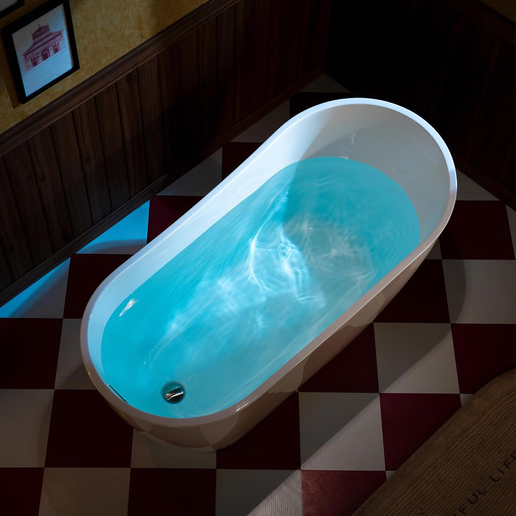 WOODBRIDGE 59' Acrylic Freestanding Bathtub Contemporary Soaking White Tub with Chrome Overflow and Drain,White