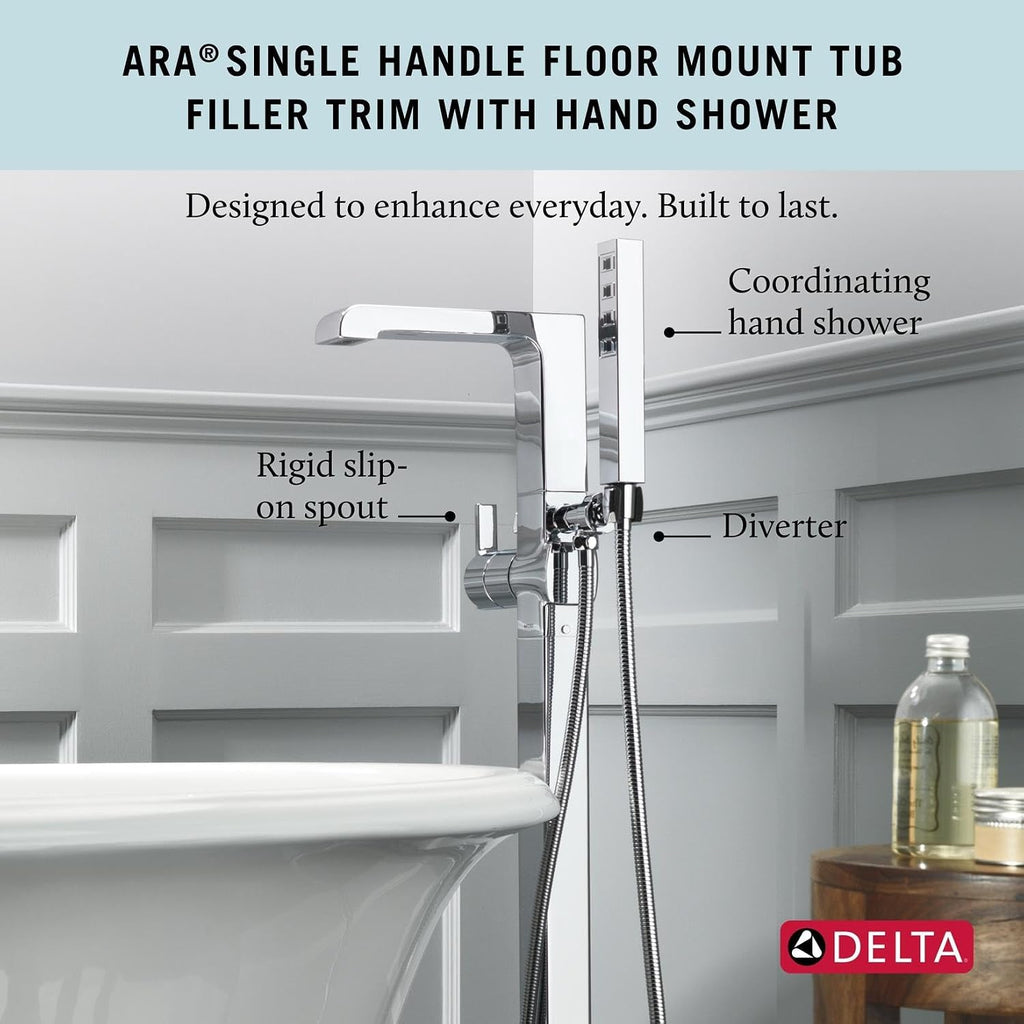Delta Ara Freestanding Tub Faucet with Hand Held Shower, Chrome Floor Mount Tub Filler, Chrome T4767-FL (Valve Not Included)