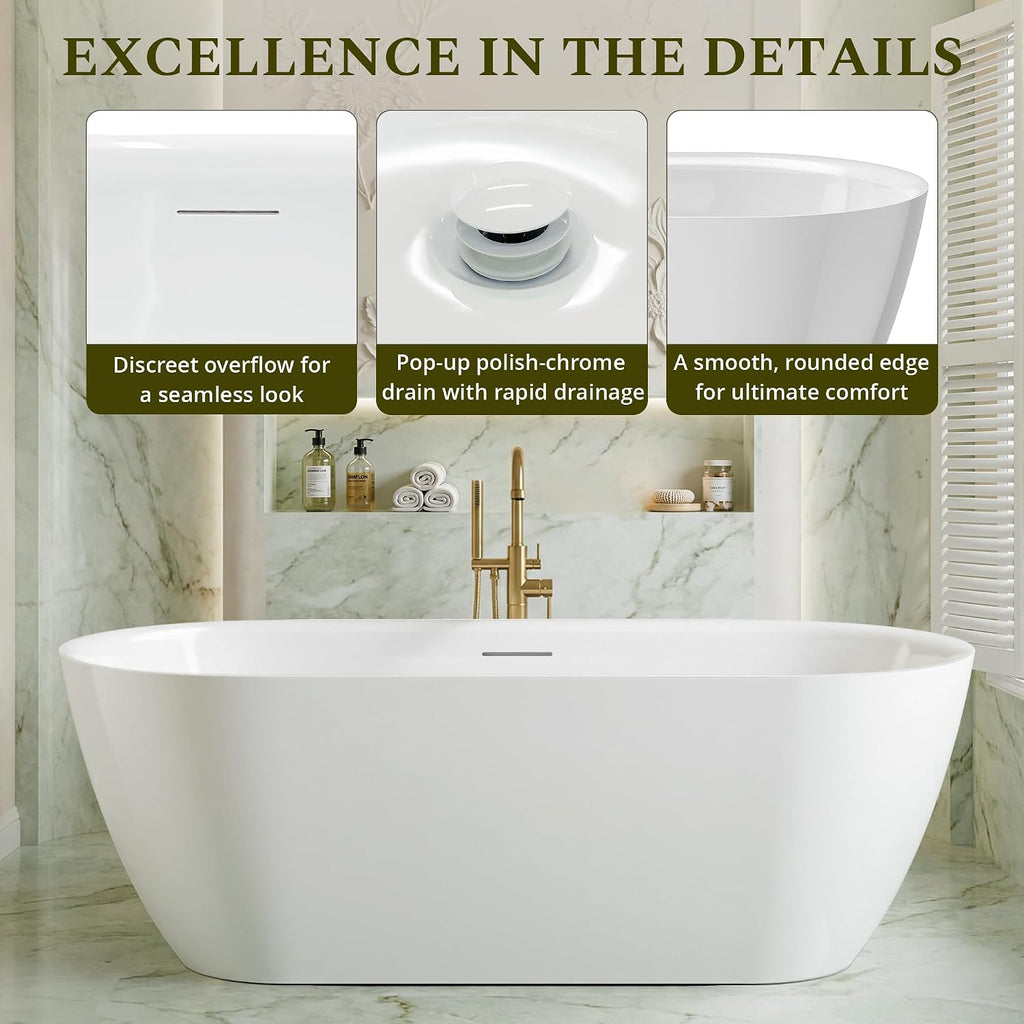 67' Freestanding Bathtub, Modern Oval Acrylic Soaking Tub with Overflow & Shower Function, Deep Standalone Tub with cUPC Certification, Double-Walled Insulation, (White 67Inch)