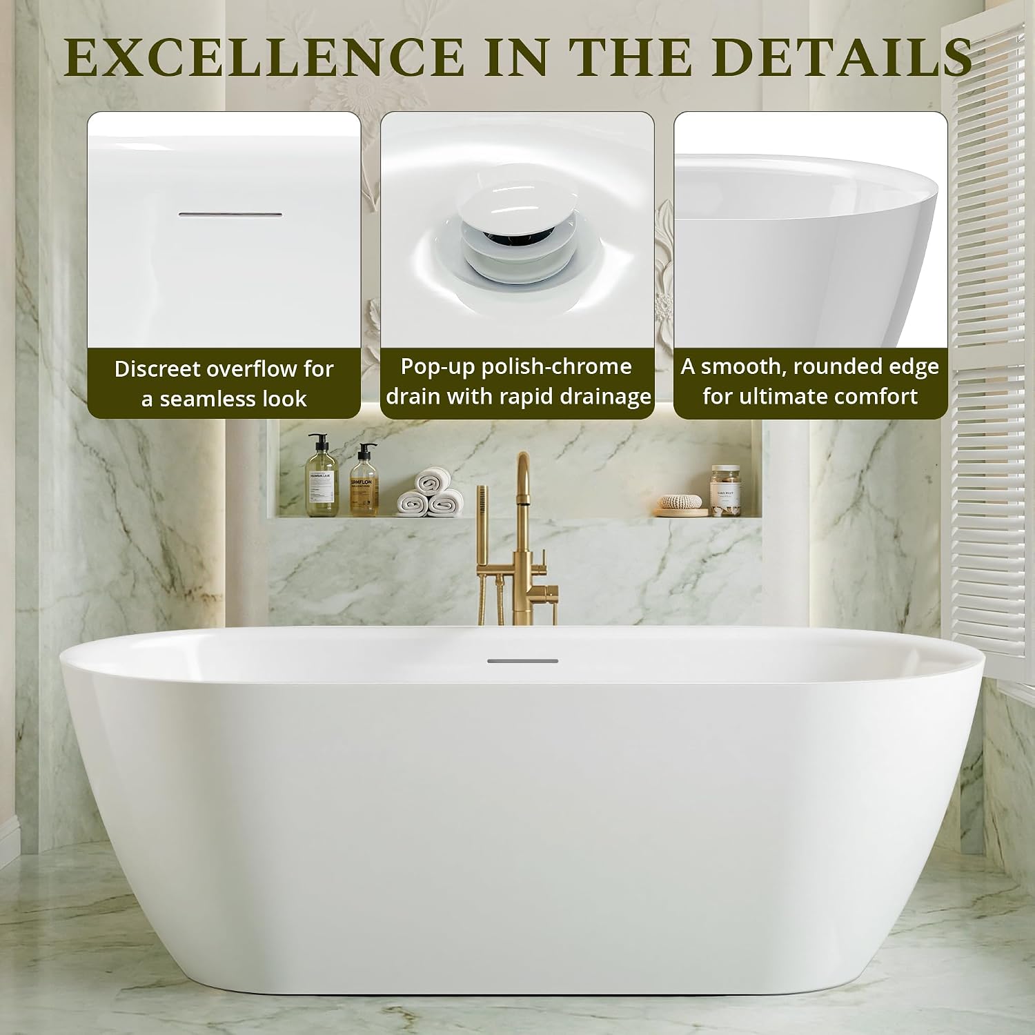 67' Freestanding Bathtub, Modern Oval Acrylic Soaking Tub with Overflow & Shower Function, Deep Standalone Tub with cUPC Certification, Double-Walled Insulation, (White 67Inch)