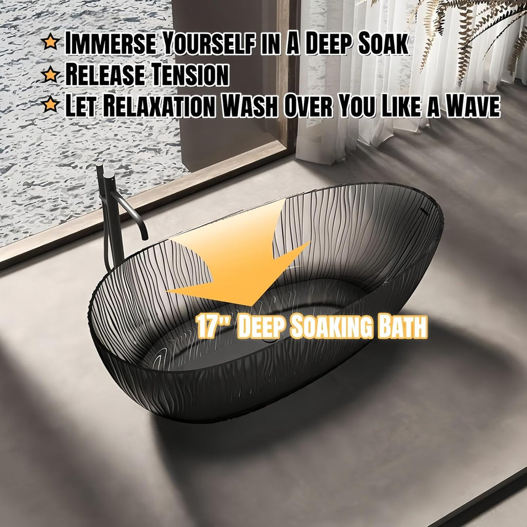 67' Edeyeu Freestanding Bathtub - Shaped Solid Surface Bathtub With Ripple Lines, Extra Deep Soaking Tub, Free Standing Stand Alone Tub With Heat Retention For Modern Bathroom Spa Desig Green A