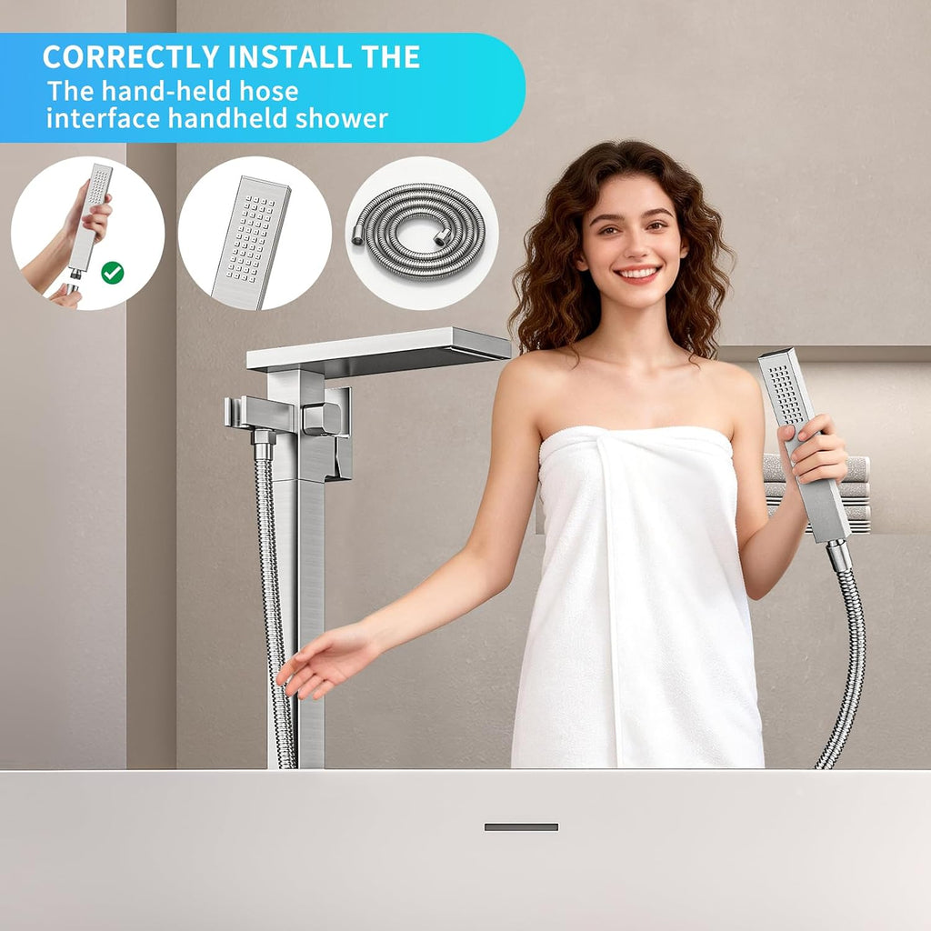 Freestanding Bathtub Faucet with Handheld Spray Single,High Flow Waterfall Bath Shower Faucet,Floor Mount Bathtub Faucet Swivel Flat Waterfall Spout Brushed Nickel