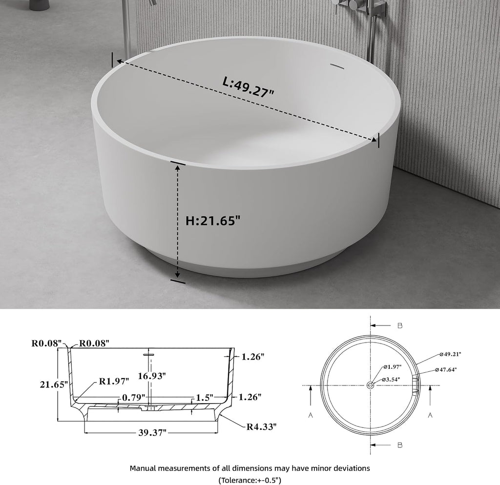 Round Freestanding Tub 49', Solid Surface Bathtub Matte White | Deep Soaking Bathtub, Stone Resin Stand Alone Tub with Overflow and Pop-up Drain, cUPC Certifie