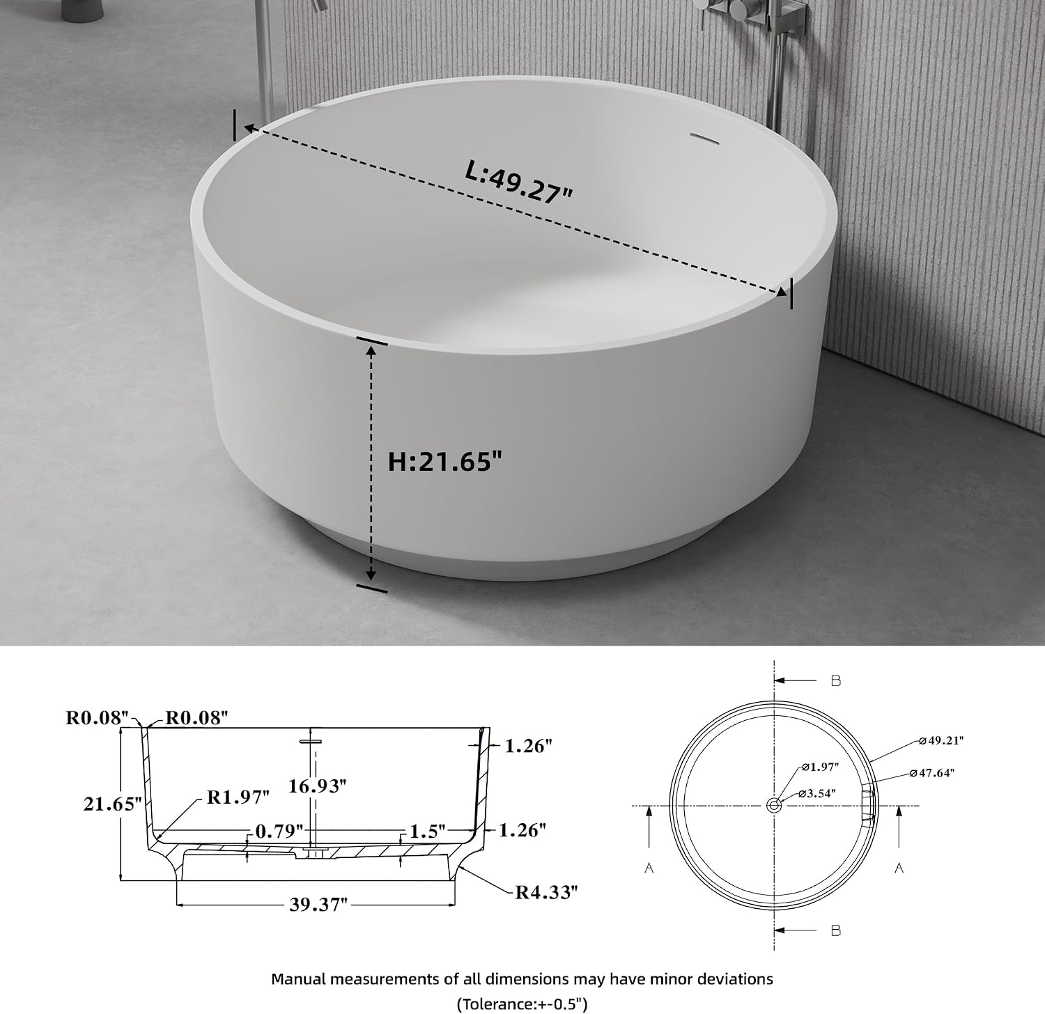 Round Freestanding Tub 49', Solid Surface Bathtub Matte White | Deep Soaking Bathtub, Stone Resin Stand Alone Tub with Overflow and Pop-up Drain, cUPC Certifie