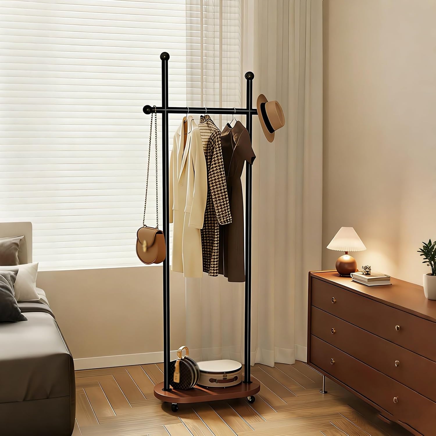 Rolling Coat Rack with Storage Shelf - Freestanding Garment Racks Hanger Stand, Clothes Rack for Entryway/Bedroom, Industrial Metal & Wood Organizer with Caster Wheels(Black,60cm(23.6in))