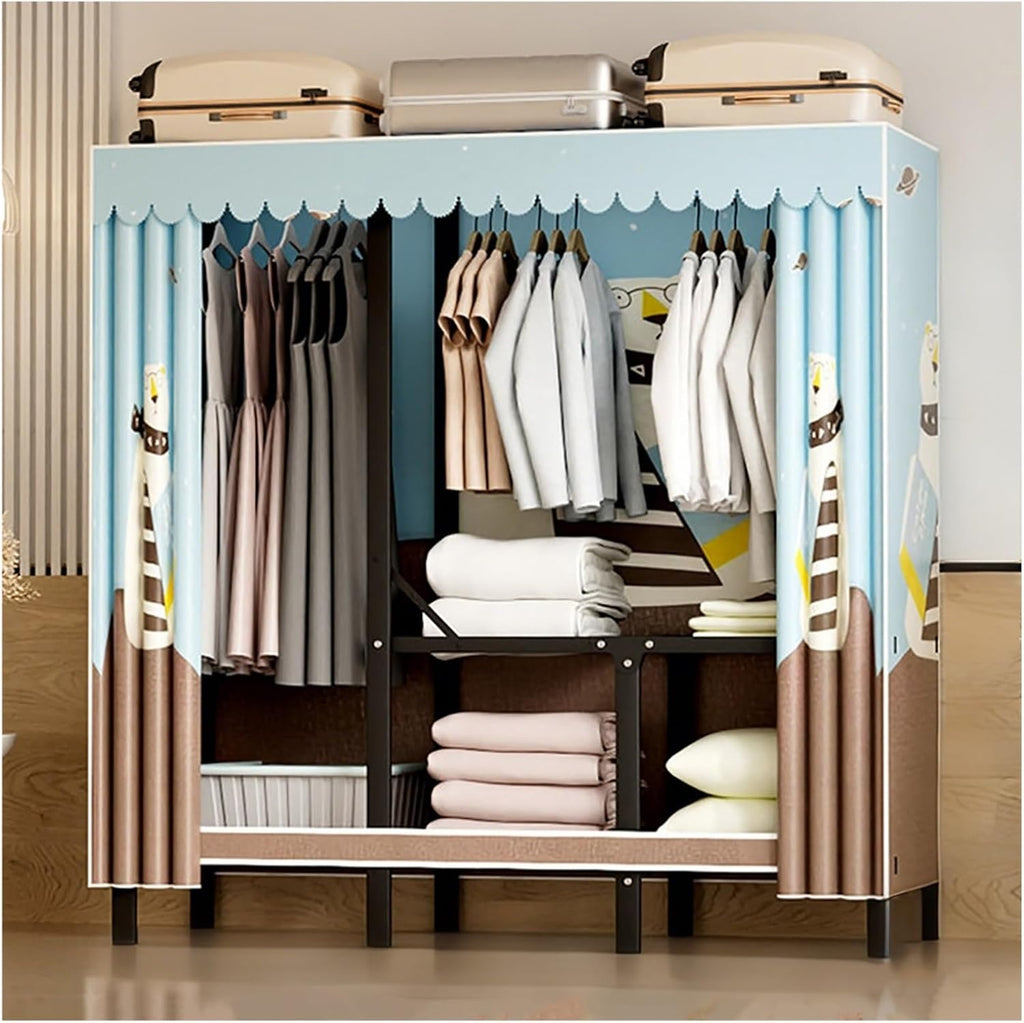 Foldable Closet With Cover,Heavy Duty Clothes Rack,Portable Wardrobe Closet For Hanging Clothing,Black Metal Garment Rack, Freestanding Covered Armoire Coat Storage(Blue1,160x48x172cm)