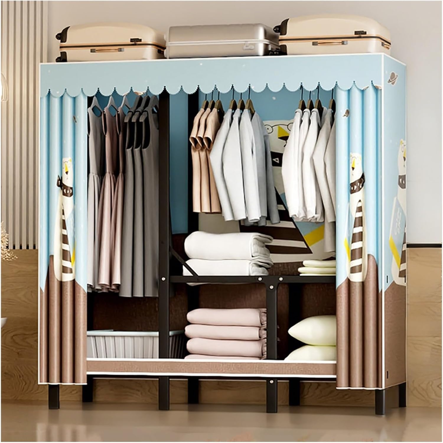 Foldable Closet With Cover,Heavy Duty Clothes Rack,Portable Wardrobe Closet For Hanging Clothing,Black Metal Garment Rack, Freestanding Covered Armoire Coat Storage(Blue1,160x48x172cm)