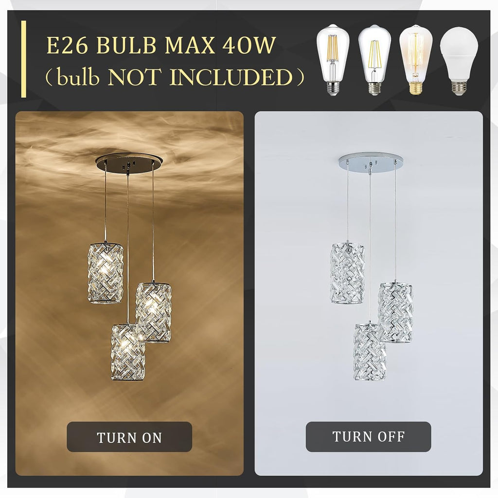 CATINER 3-Light Modern Crystal Pendant Light, Chrome Mini Chandelier – Adjustable Cluster Pendant Lighting Fixture for Kitchen Island, Dining Room, Bedroom, Hallway, Porch