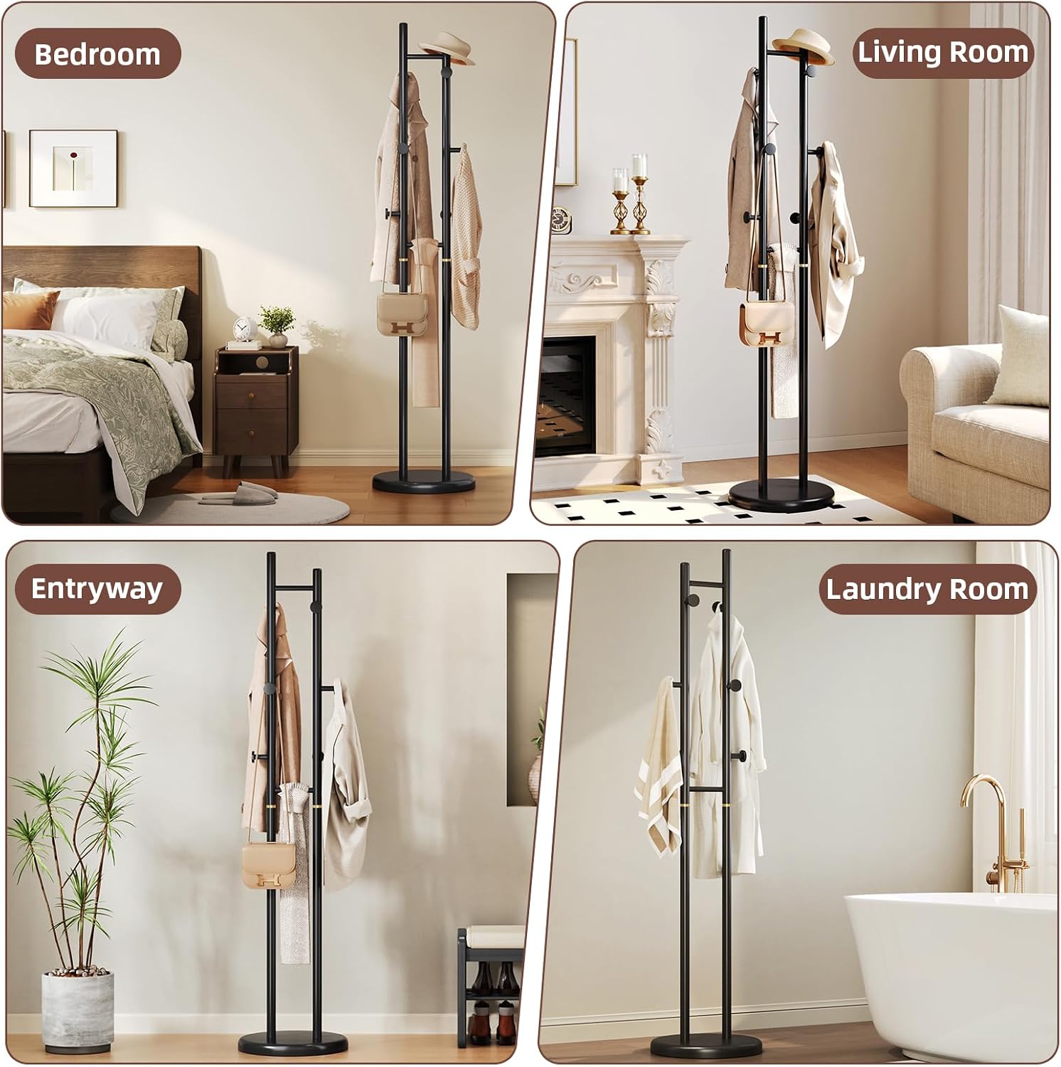 CozyDH Coat Rack Wooden Freestanding - Wood Coat Rack Freestanding Heavy Duty, Wooden Coat Stand with 6 Hooks Creative Look for Entryway, Hallway, Bedroom (Black)