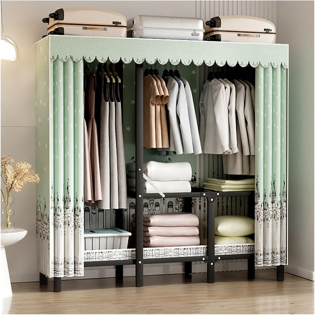 Heavy Duty Wardrobe Closet With Cover Foldable Clothes Rack For Hanging Portable Metal Clothing Rack Freestanding Coat Storage Covered Armoire Garment Racks Closets(Green,150x45x170cm)