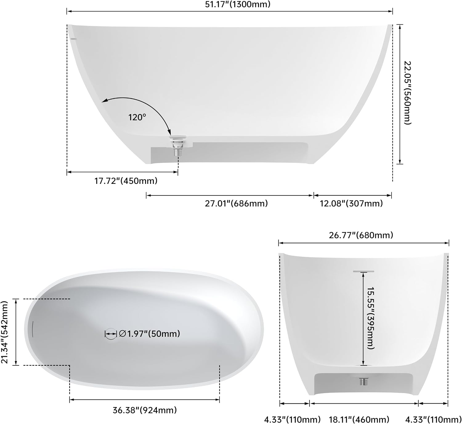 51' Stone Resin Freestanding Bathtub, Modern Oval Solid Surface Soaking Tub, Solid Surface Stand Alone Bathtub with Drain & Integrated Slotted Overflow Matte White AM303-1300