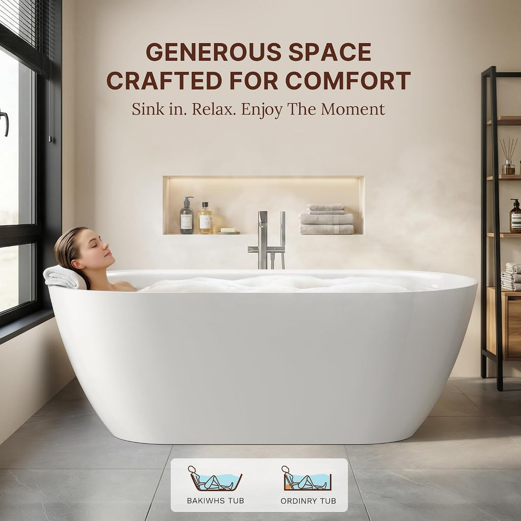 67' Freestanding Bathtub, Oval Deep Soaking Tub for Bathing, Modern Stand Alone Acrylic Bath Tub, with Integrated Overflow & Pop-Up Drain, cUPC Certified, Glossy White Finish