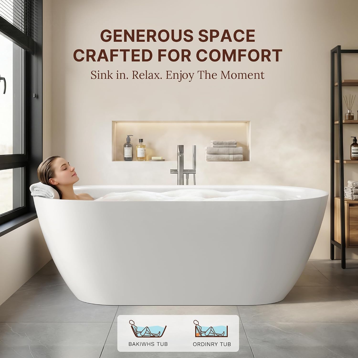 67' Freestanding Bathtub, Oval Deep Soaking Tub for Bathing, Modern Stand Alone Acrylic Bath Tub, with Integrated Overflow & Pop-Up Drain, cUPC Certified, Glossy White Finish