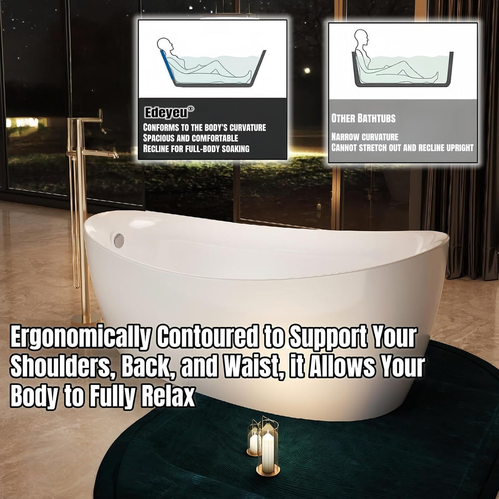60' Edeyeu Oval Freestanding Bathtub - Extra Deep Acrylic Soaking Tub, Free Standing Bathtub Solid Surface, Modern Soaker Tub for Bathroom Spa, with Drain Blue