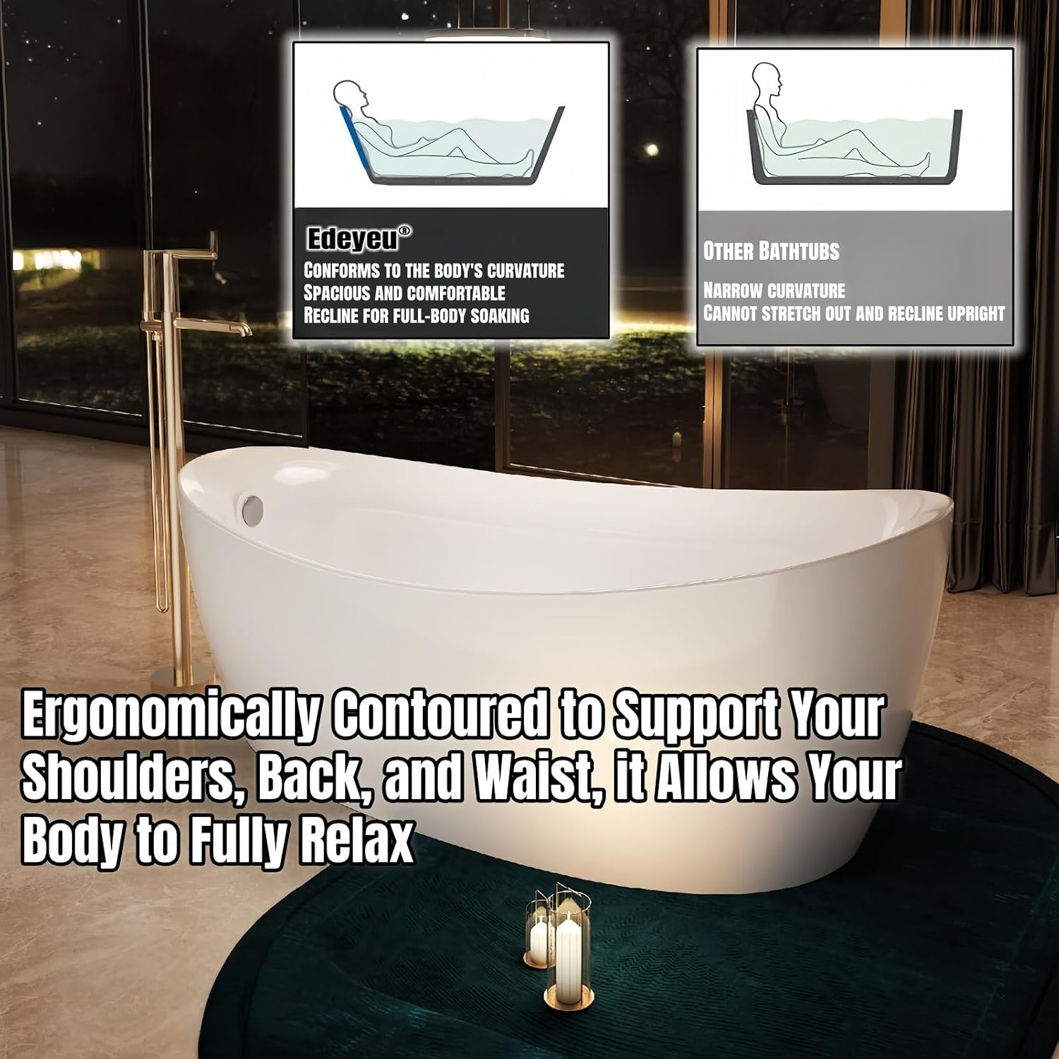 60' Edeyeu Oval Freestanding Bathtub - Extra Deep Acrylic Soaking Tub, Free Standing Bathtub Solid Surface, Modern Soaker Tub for Bathroom Spa, with Drain Blue