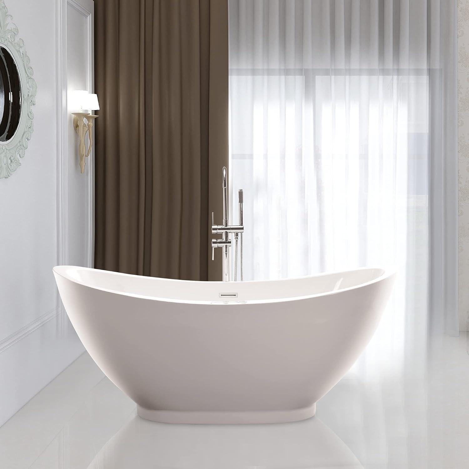 Vanity Art 69 Inches Freestanding Acrylic Bathtub Modern Stand Alone Soaking Tub with UPC Certified Slotted Overflow and Pop-up Drain VA6516