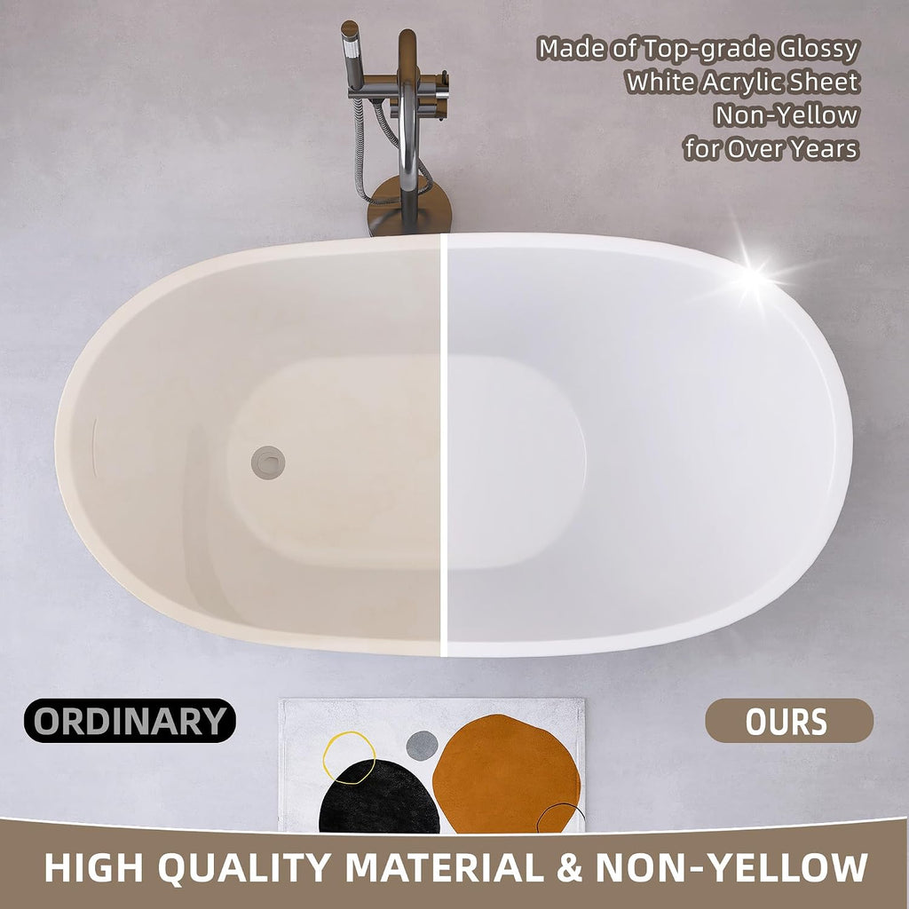 GETPRO Free Standing Tub 51' Deep Soaking Bath Tub, Oval Shape Acrylic Freestanding Bathtub with Integrated Slotted Overflow and Removable Anti-clogging Drain Glossy White