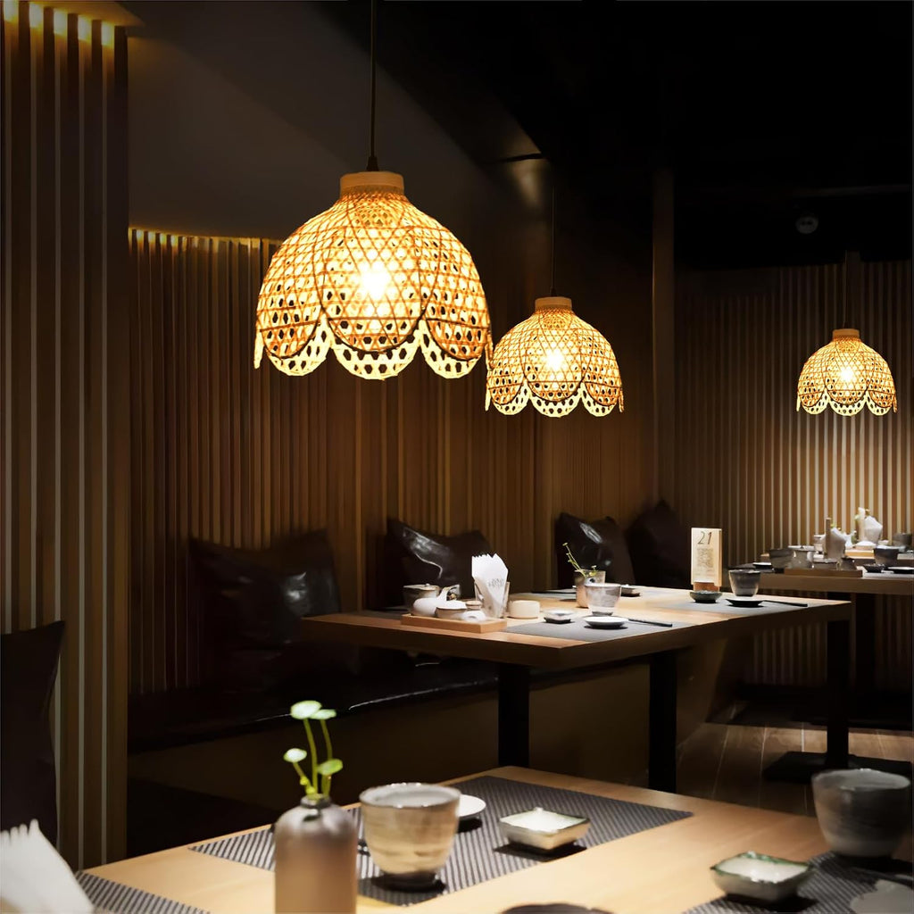 3-Pack Boho Pendant Light Fixture 9.8' Bamboo Hanging Light Mini Rattan Pendant Light,Woven Wicker Shade Rattan Chandelier for Dining Living Bedroom Kitchen Farmhouse