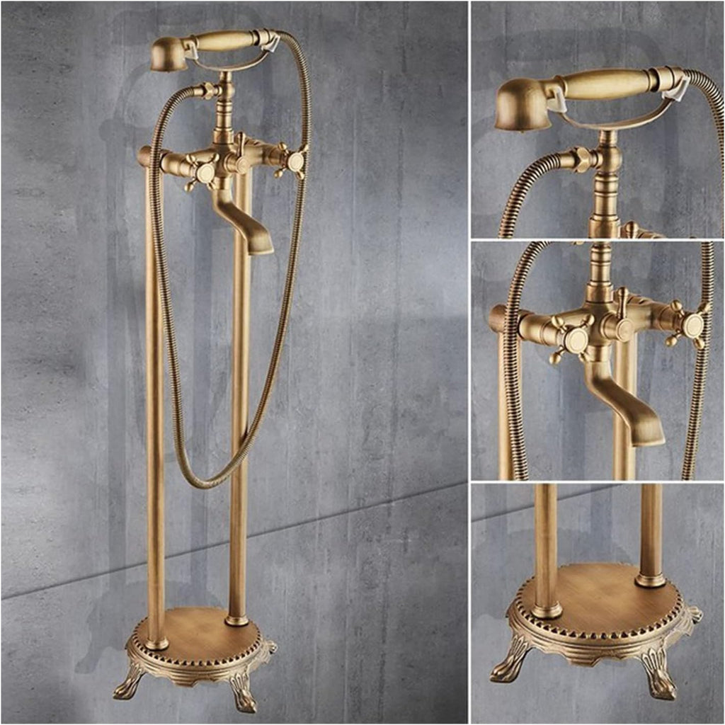 Floor Standing Bath Faucet, Brass Antique Freestanding Bath Filler with Single Handle Handheld Shower Faucet and High Flow Rotary Spout Mixer Faucet(Brass B)