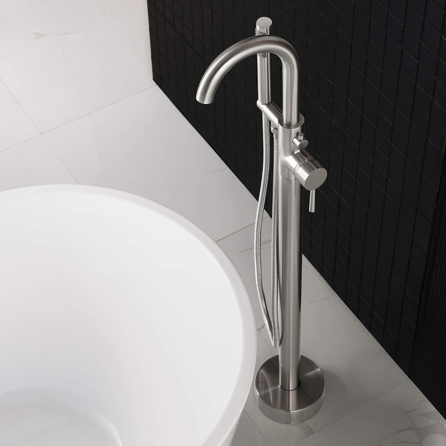 Woodbridge F0001 BN Freestanding Tub Filler Bathtub Brushed Nickel Floor Mount Brass Bathroom Faucets with Hand Shower