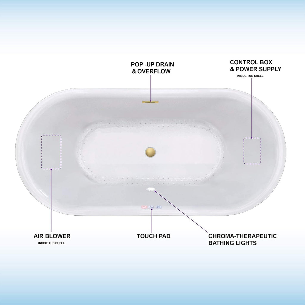 WOODBRIDGE 59' Acrylic Freestanding Bathtub Contemporary Soaking White Tub with Brushed Gold Overflow and Drain，B0102 -BG-Drain &O