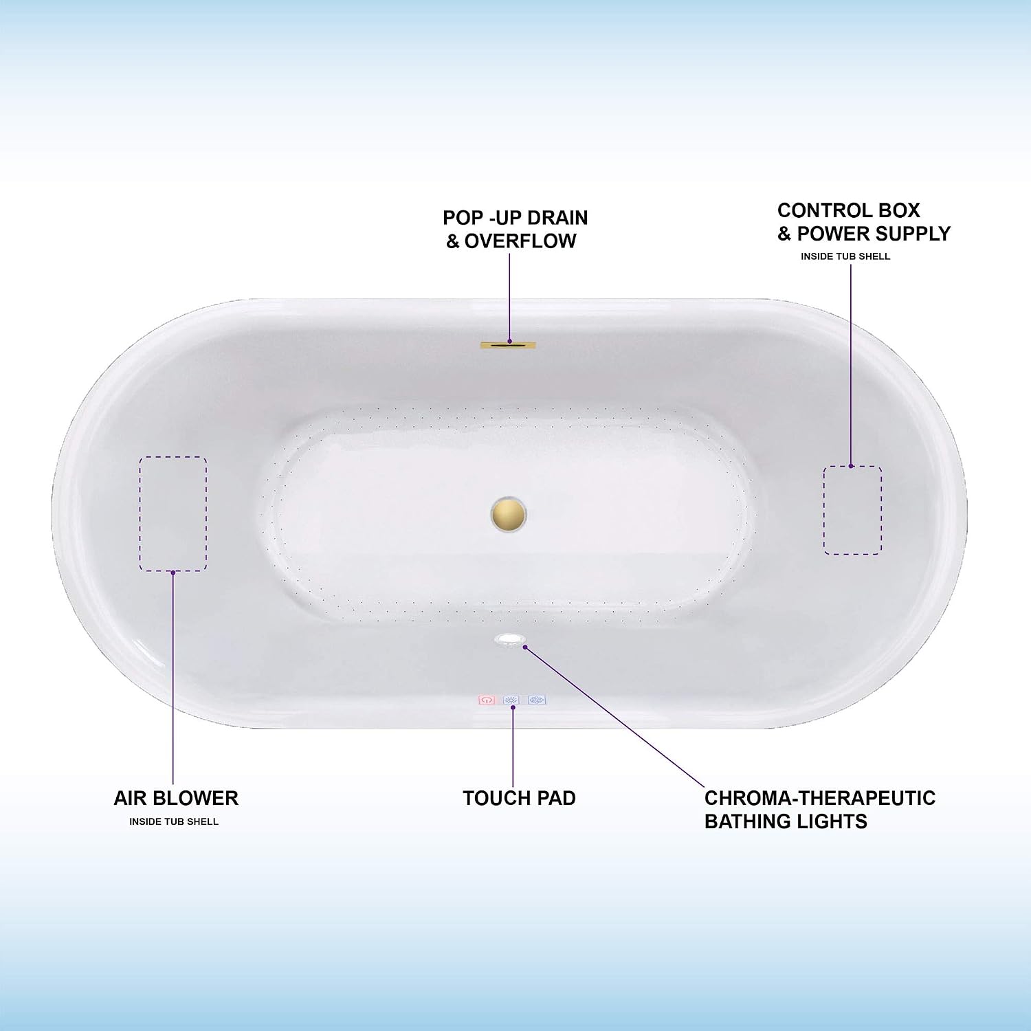 WOODBRIDGE 59' Acrylic Freestanding Bathtub Contemporary Soaking White Tub with Brushed Gold Overflow and Drain，B0102 -BG-Drain &O