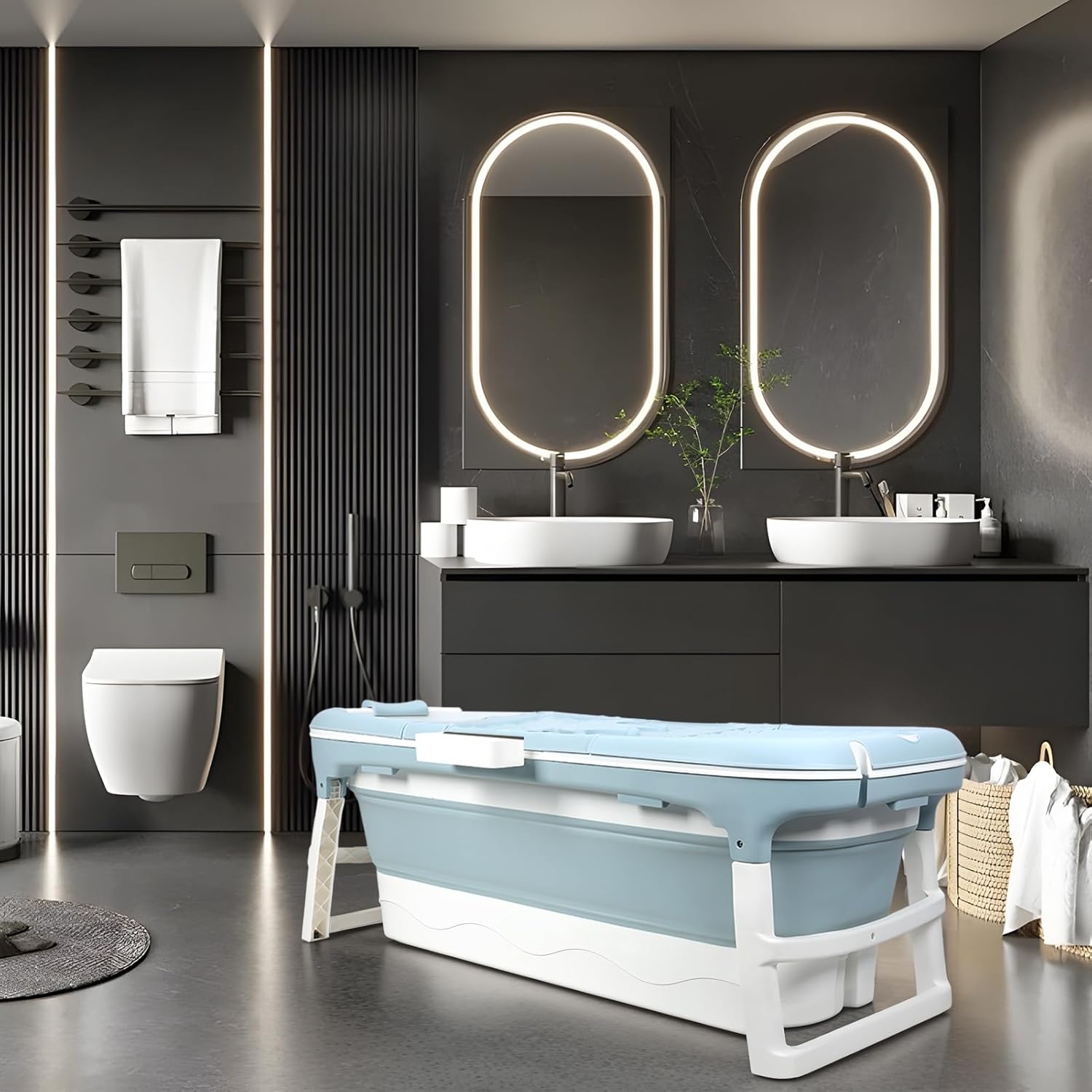 Portable Bathtub, 58/56/50/46 Inch Collapsible Bathtub, Freestanding Foldable Bath Tub for Adults, Folding Tub for Shower, Hot Bath, Ice Bath Blue-B-130cm