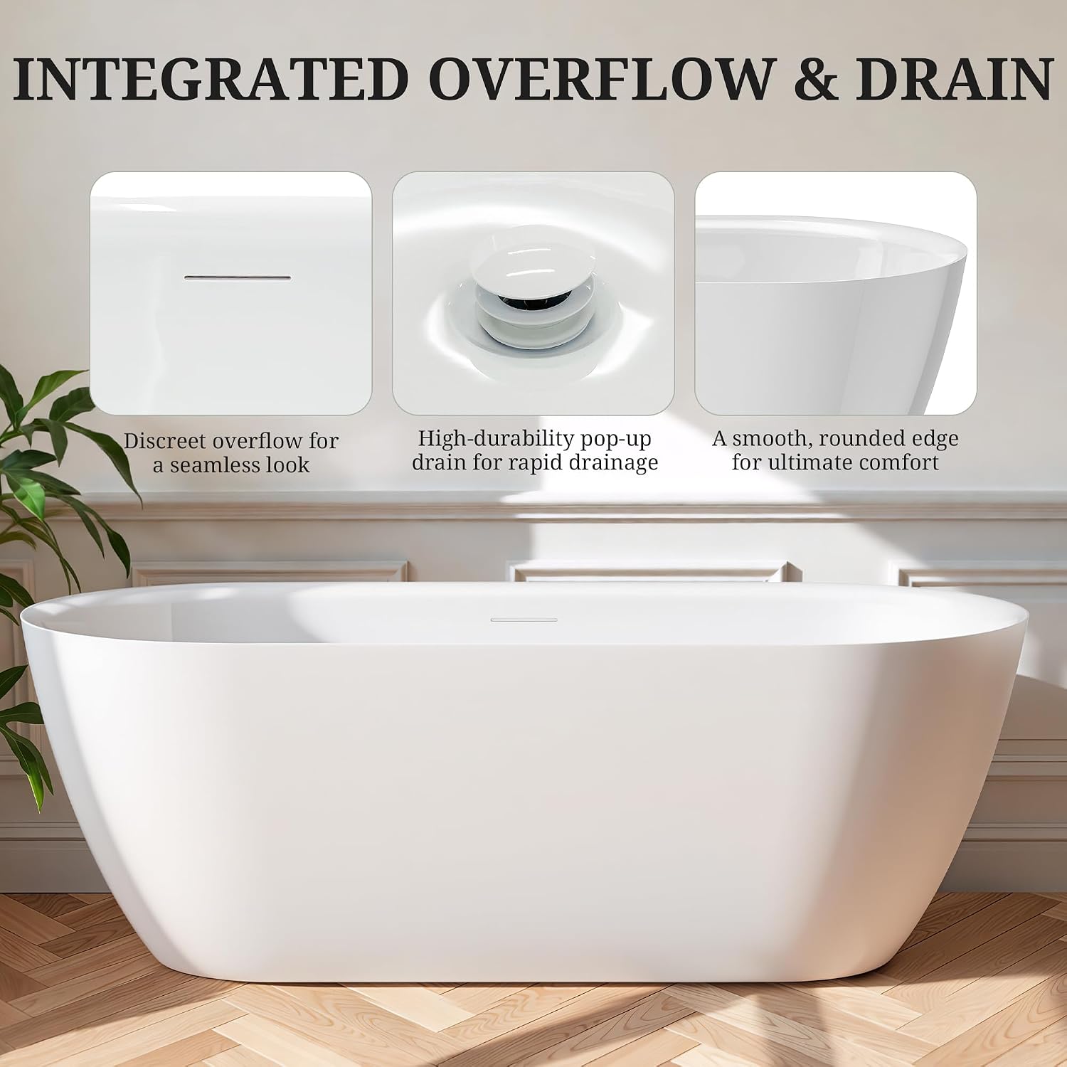 67' Freestanding Bathtub, Acrylic Stand Alone Bathtub, Oval Soaking Tub with Integrated Overflow & Drain, Modern Bath Tubs for Bathroom, Glossy White, cUPC Certified