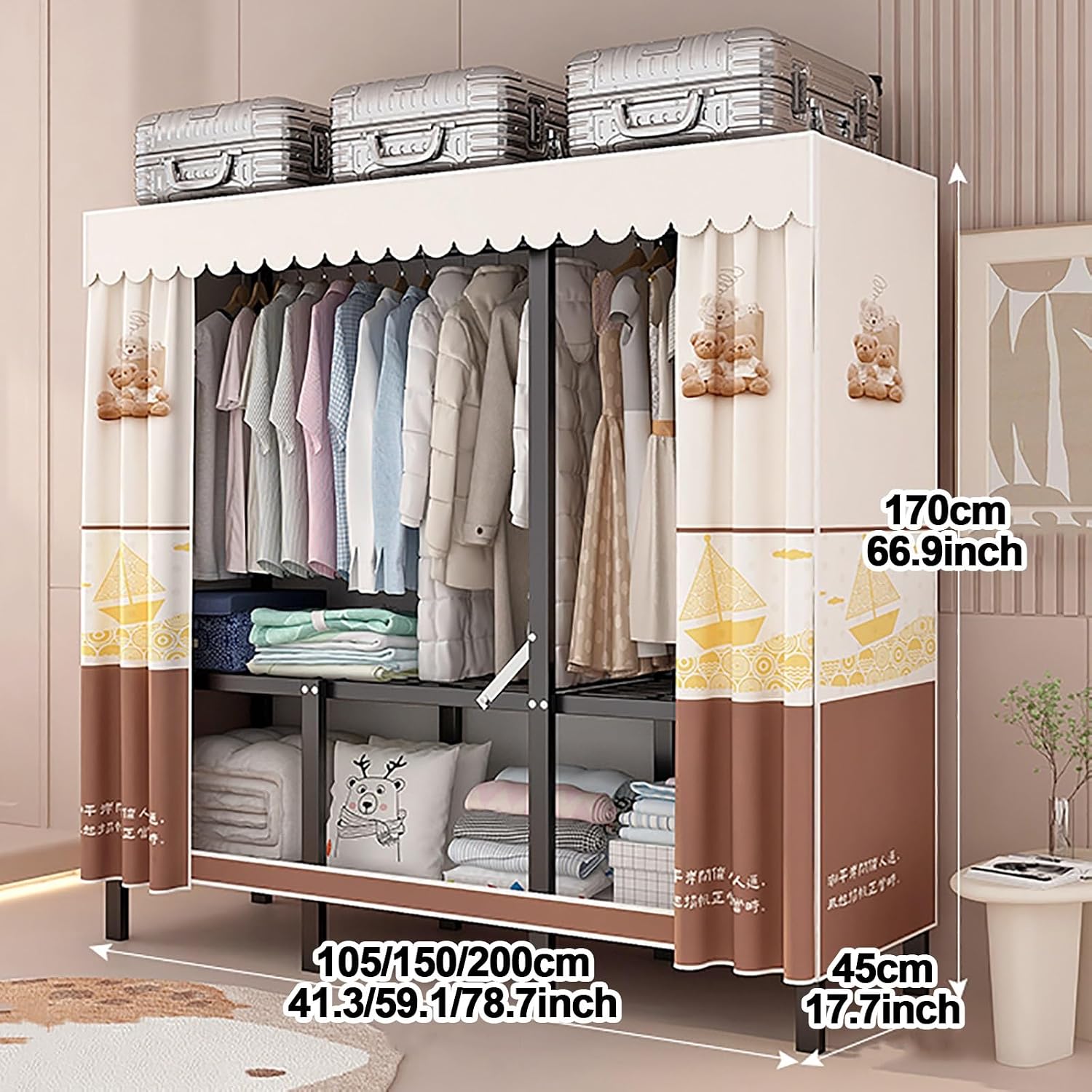 Foldable Portable Wardrobe Closet With Cover, Metal Garment Rack With Hanging Rods, Steel Hanging Rack, Storage Organizer For Bedroom, Clothing For Hanging Clothes(Blue,105x170x45cm)