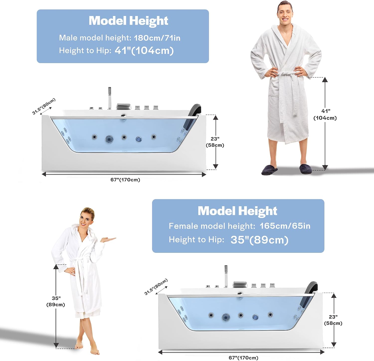 Empava 67' Whirlpool Bathtub with Chromatherapy, Hydrotherapy Jetted Bathtub with Glass Panel, 11 Jets,3-Side Apron,67 Gallons,ETL Certified, White