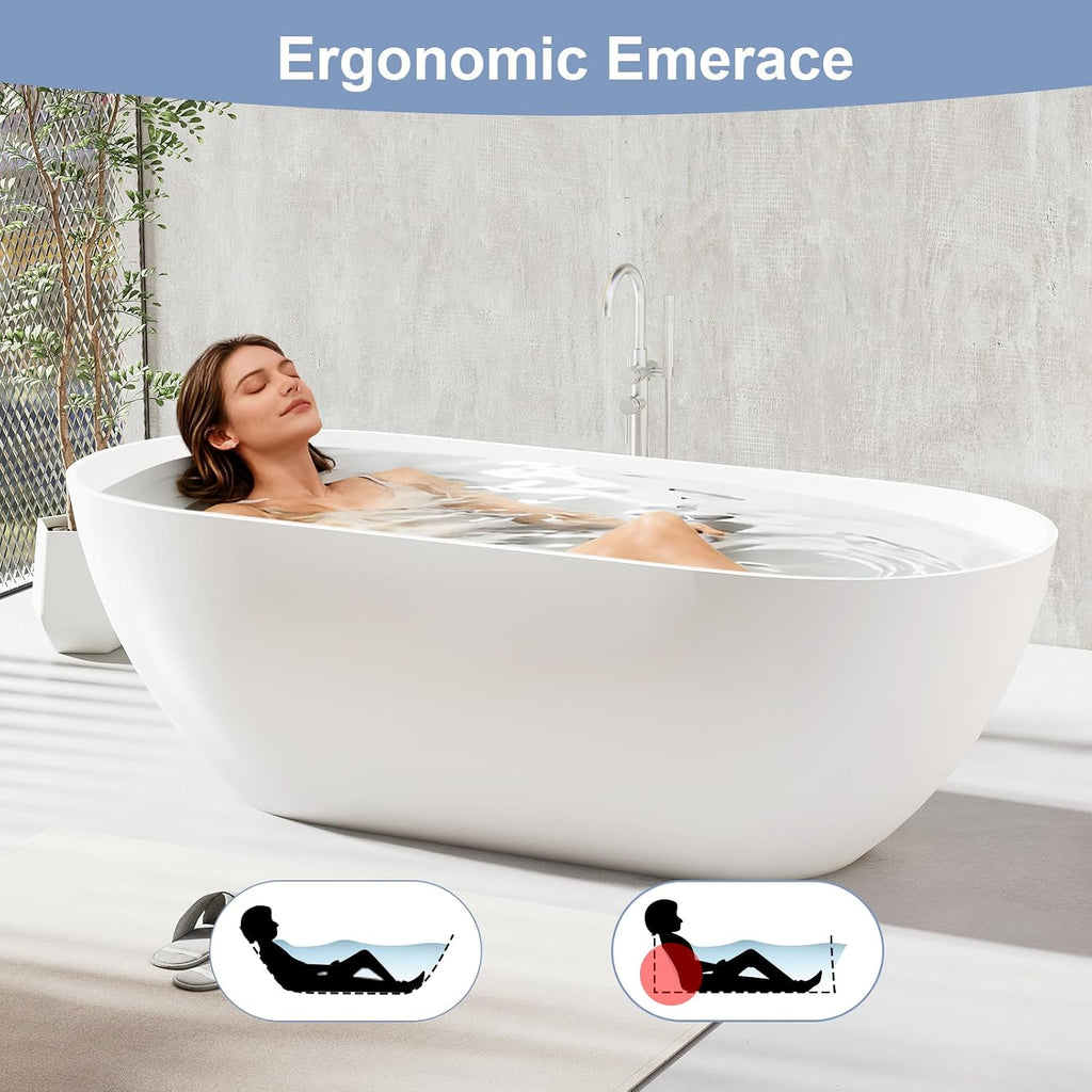 Zevemomo 69 Inch Solid Surface Freestanding Bathtub, Oval Shaped Soaking Stone Resin Bath Tub with Brushed Overflow and Drain, Matte White Stand Alone Bathtub, cUPC Certified
