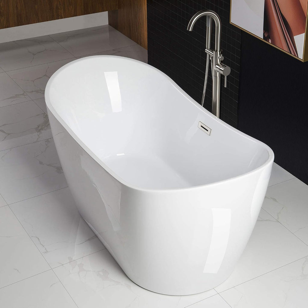 WOODBRIDGE 59' Acrylic Freestanding Bathtub Contemporary Soaking Tub with Brushed Nickel Overflow and Drain B-0016 -B/N-Drain &O