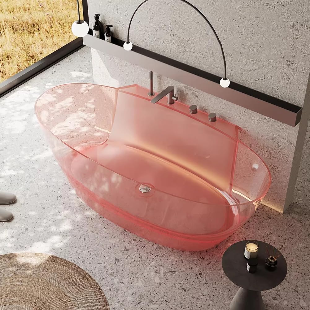 Ergonomic Luxury Spa Bathtub, Oval-Shaped Transparent Resin Tub with Drain, Handcrafted Extra-Deep Tub, Modern Spa Bathroom, 55-70 Inches,E l170cm