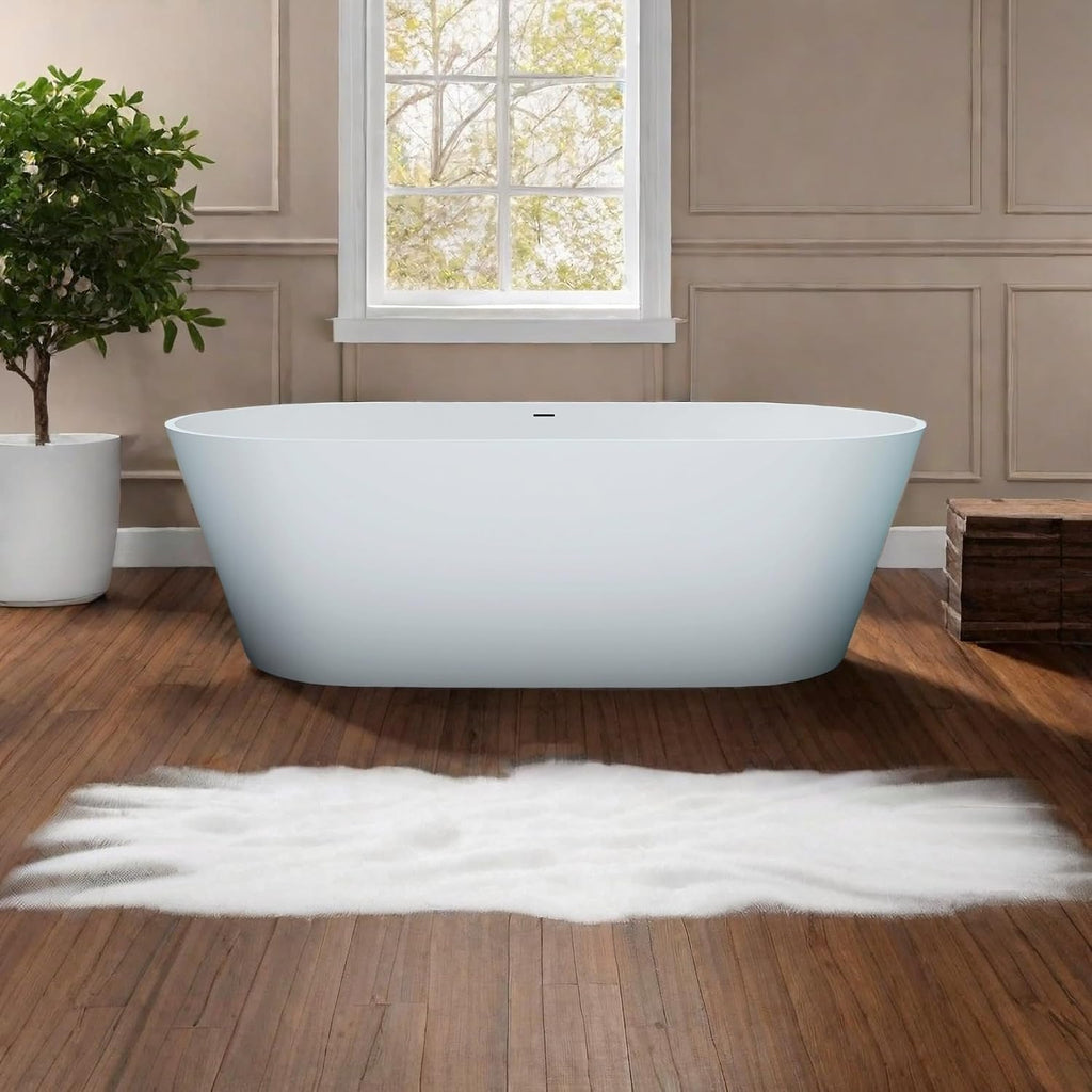 63'' Freestanding Solid Surface Resin Stone Bathtub, Freestanding Tub, Contemporary Design Stand Alone Tub with Pop-up Drain and Overflow, cUPC Certified,