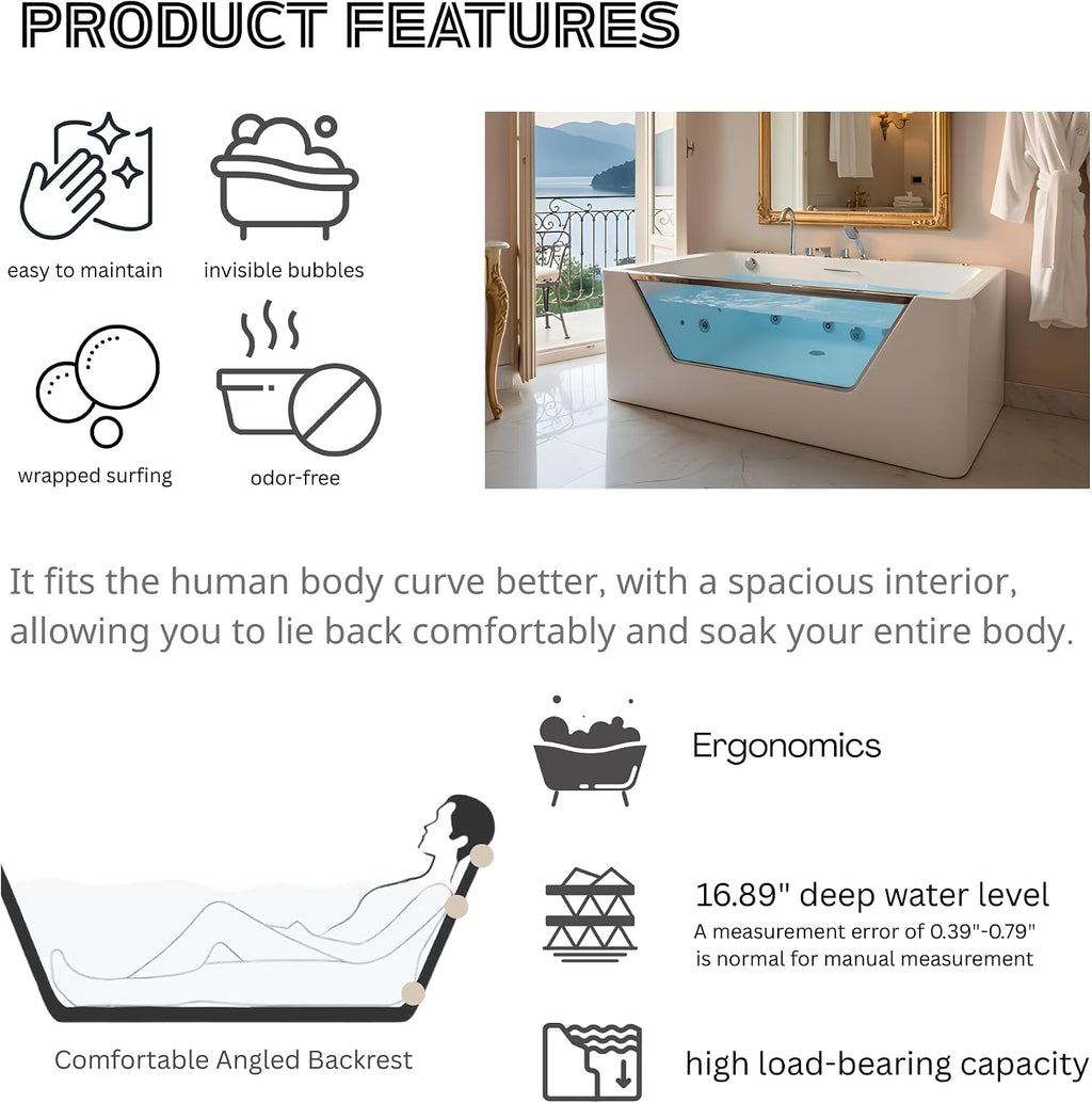 67'L x 31.5'W Whirlpool Tub for Single Person, Massage Whirlpool Bathtub, Hydro Massage, Color-Changing LED Chromatherapy, Air Type Control Switch, 89 Gallons, 7 Jets, 3-Side Apron with Glass, White