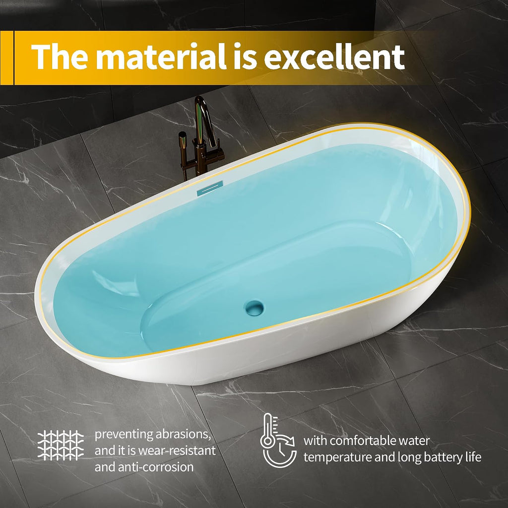 Acrylic Freestanding Bathtub, 67 Inch Deep Soaking Tub, One End Raised, White Interior Black Exterior, Chrome Pop-Up Drain, Overflow, Modern Acrylic Stand Alone Tub for Home, Bathroom