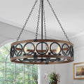 XINGQI Modern Farmhouse Chandelier 32.3' Large Drum 8 Lights Rustic Pendant Lighting Fixture for Living Room Dining Room Kitchen Island Bar Office, Round Metal Shade Black Wood Grain Finish