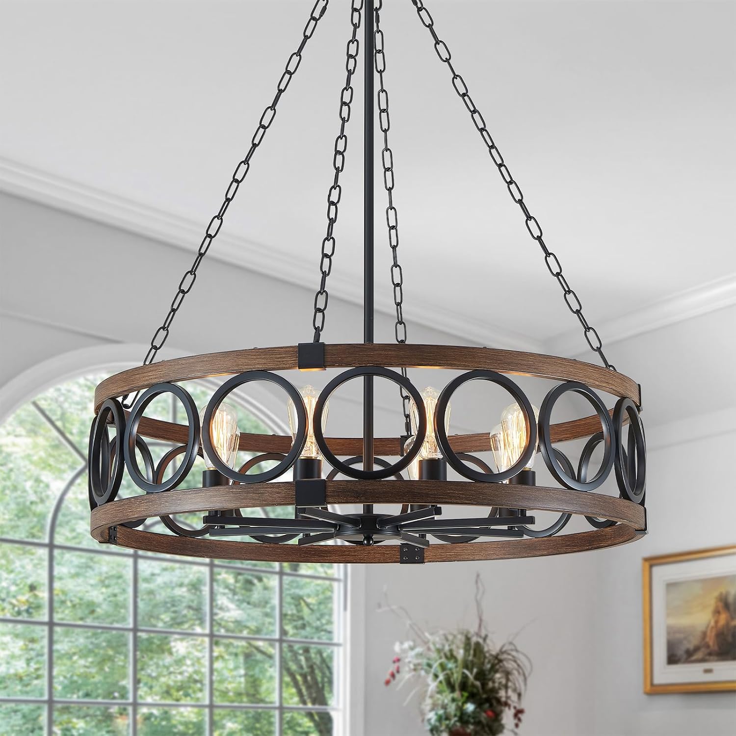 XINGQI Modern Farmhouse Chandelier 32.3' Large Drum 8 Lights Rustic Pendant Lighting Fixture for Living Room Dining Room Kitchen Island Bar Office, Round Metal Shade Black Wood Grain Finish